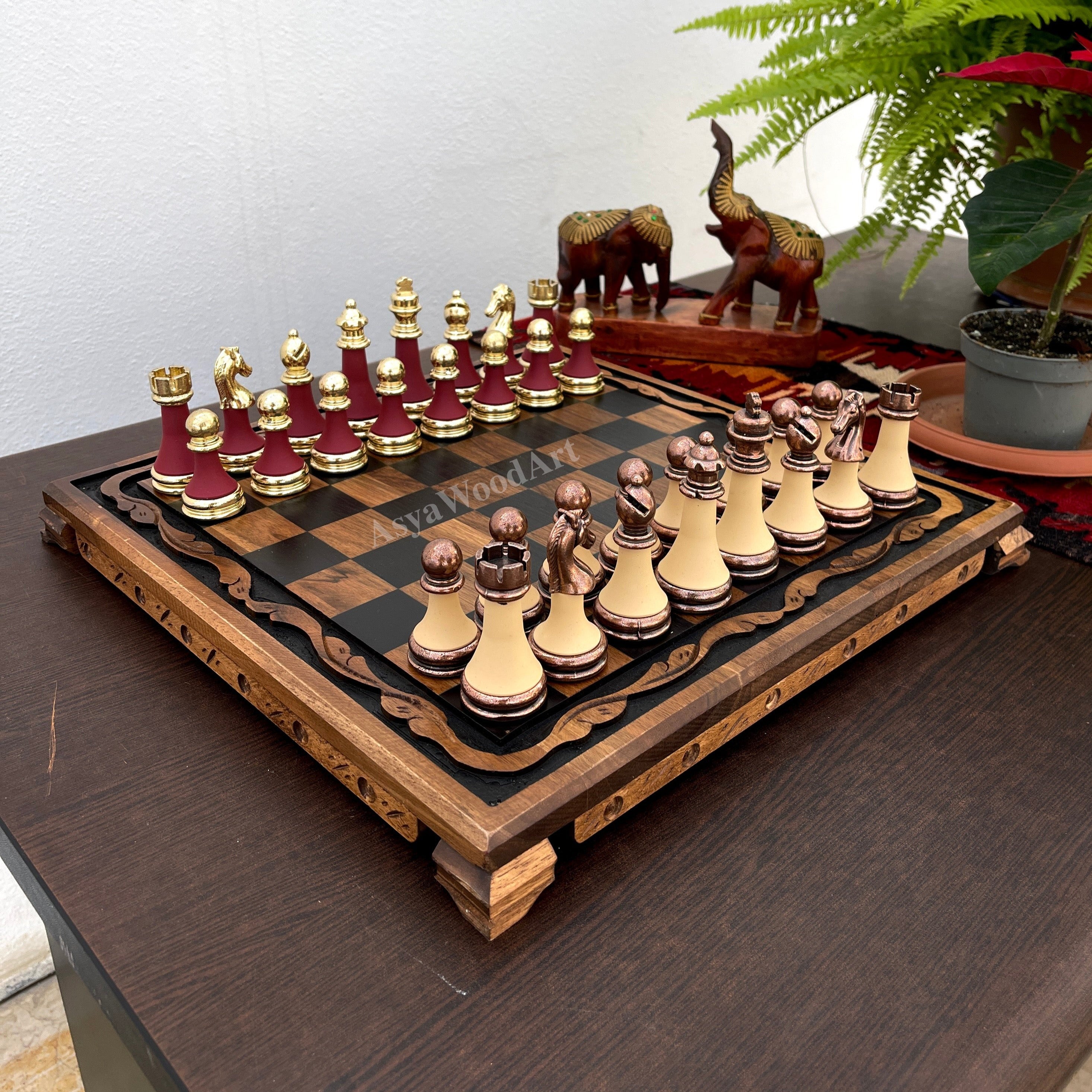 Large Walnut Wooden Chess Set with Large Special Chess Pieces
