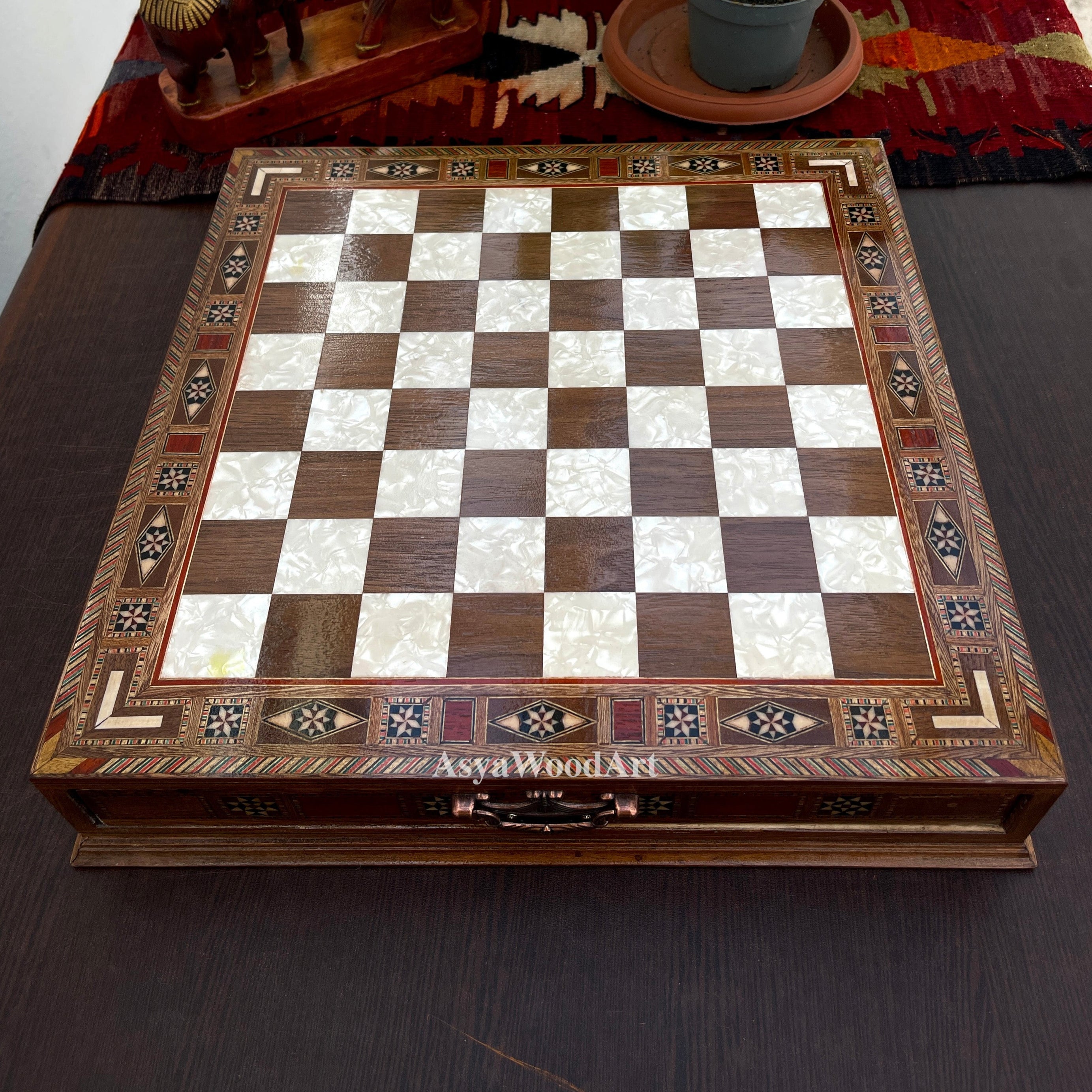 15.3" Luxury Wooden Storage Chess Board With Egyptian Metal Chess Pieces