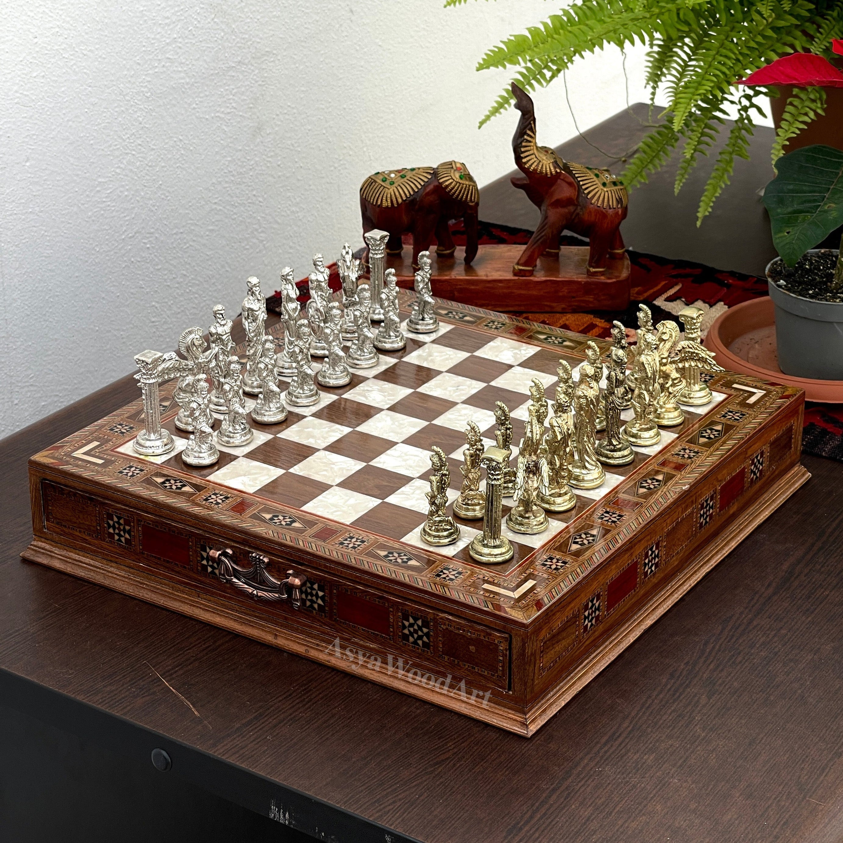 15.3" Luxury Wooden Storage Chess Board With Pegasus Metal Chess Pieces