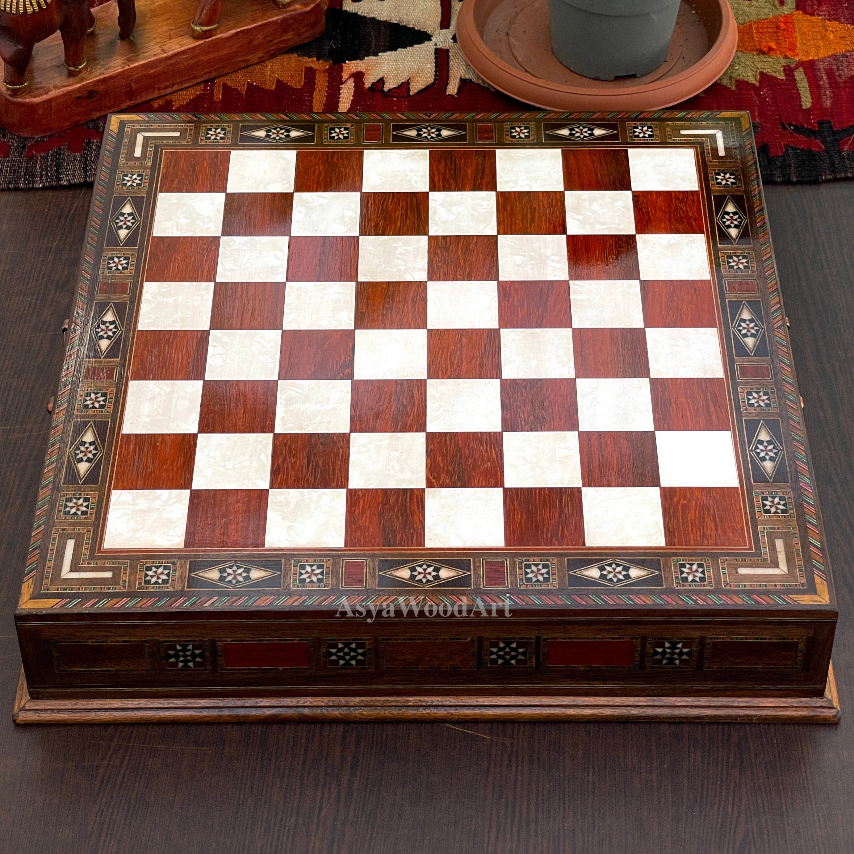 15.3" Luxury Wooden Storage Chess Board With Egyptian Metal Chess Pieces