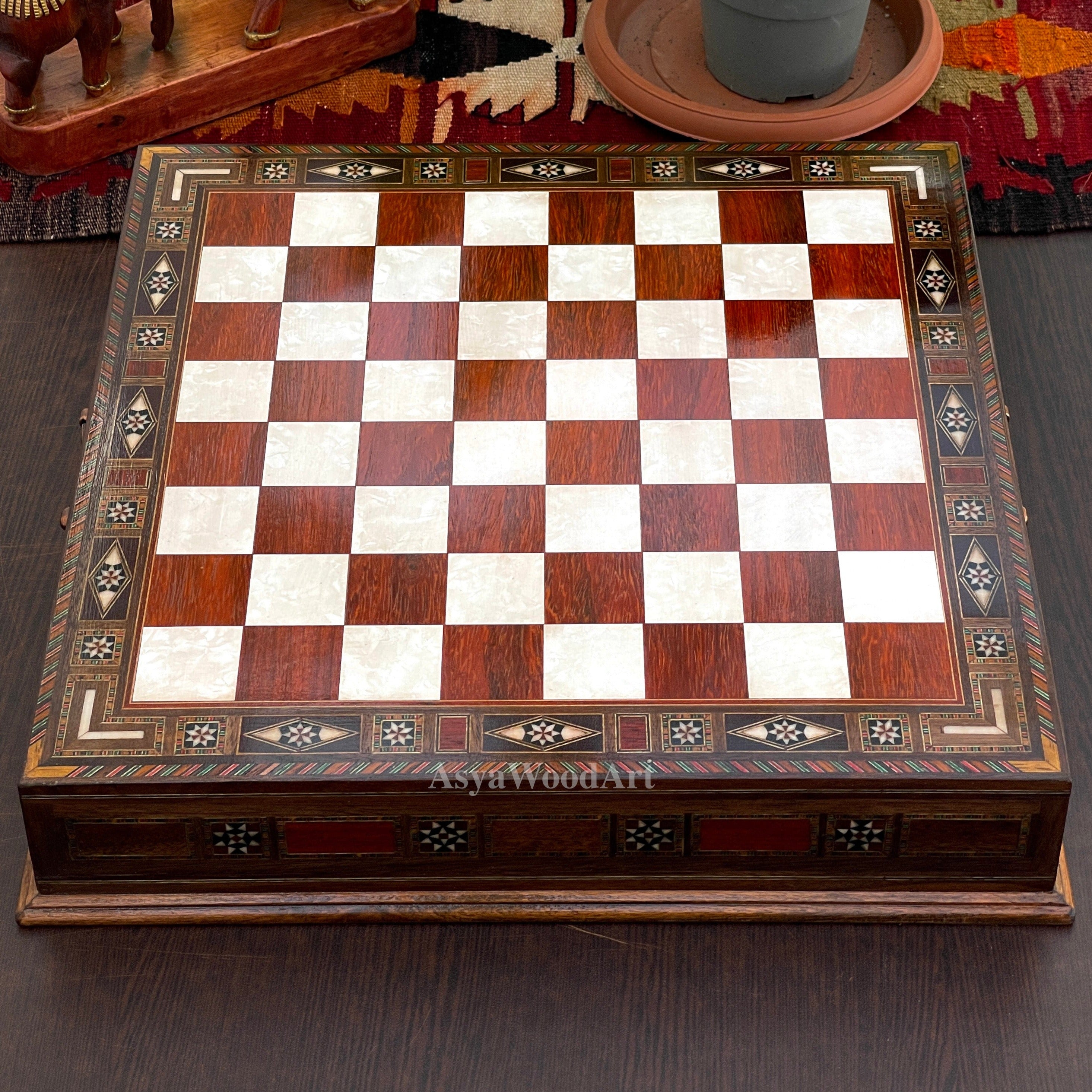 15.3" Luxury Wooden Storage Chess Board With Egyptian Metal Chess Pieces