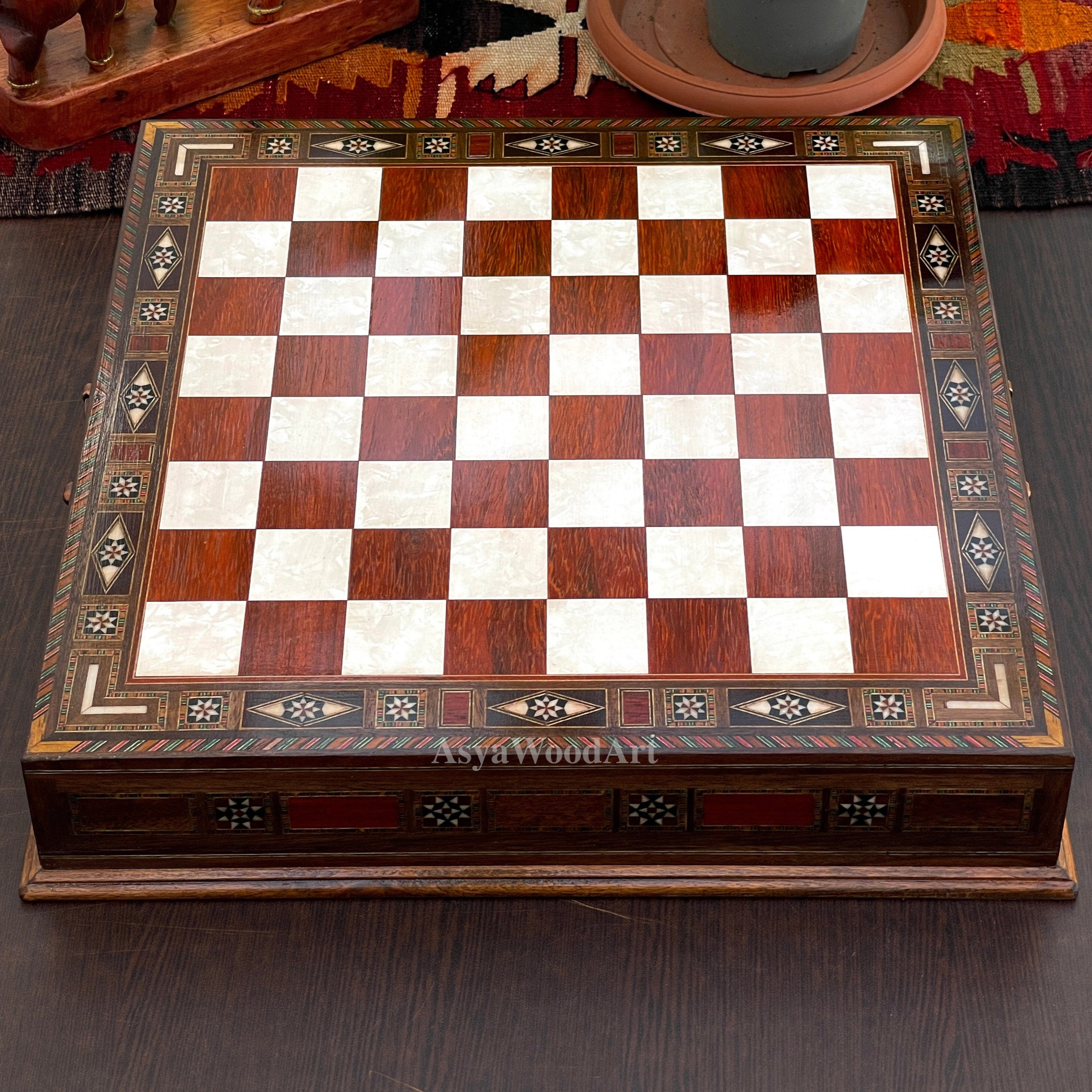 15.3" Luxury Wooden Storage Chess Board With Egyptian Metal Chess Pieces