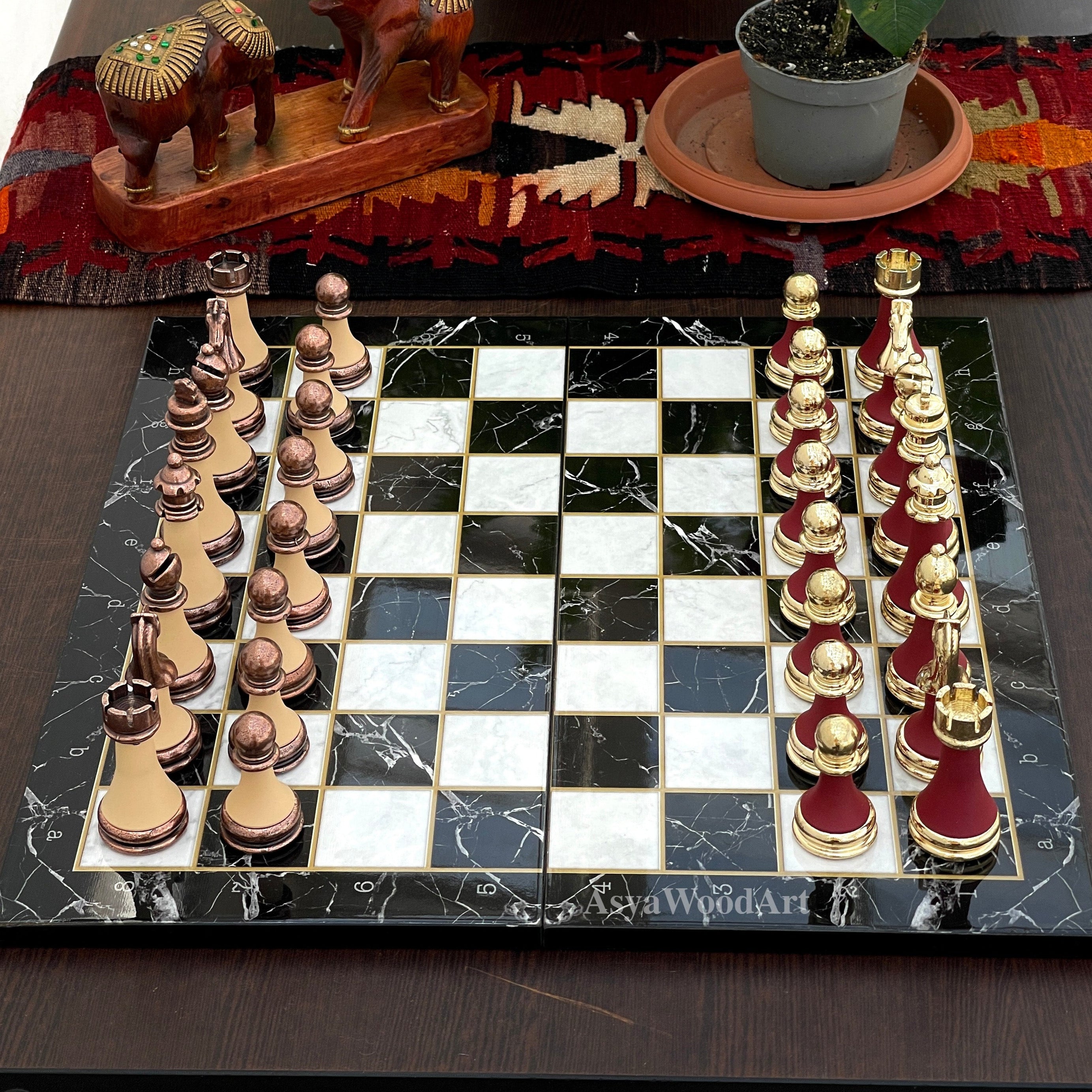 Large Marble Patterned Wooden Chess Set with Large Unique Chess Pieces