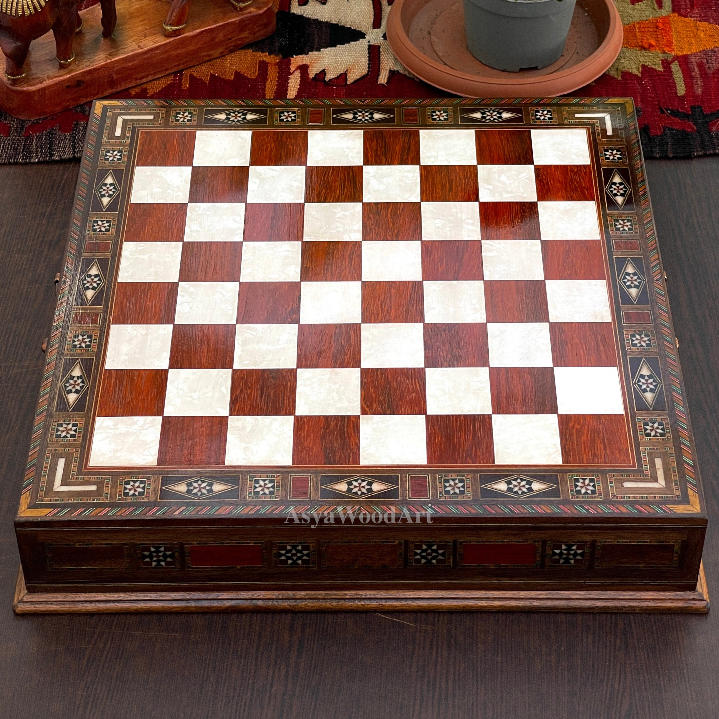 15.3" Luxury Wooden Storage Chess Board With Pegasus Metal Chess Pieces