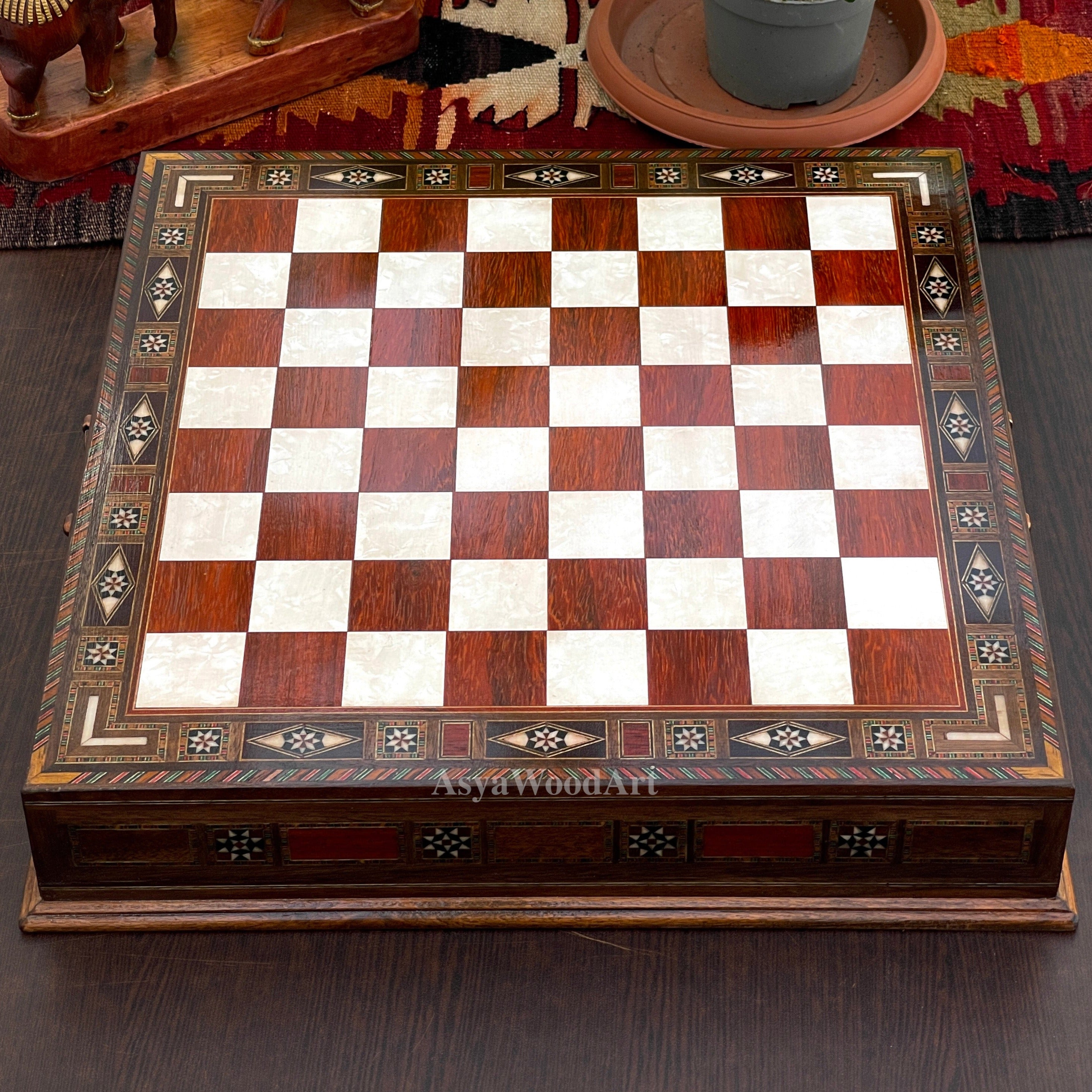 15.3" Luxury Wooden Storage Chess Board With Pegasus Metal Chess Pieces