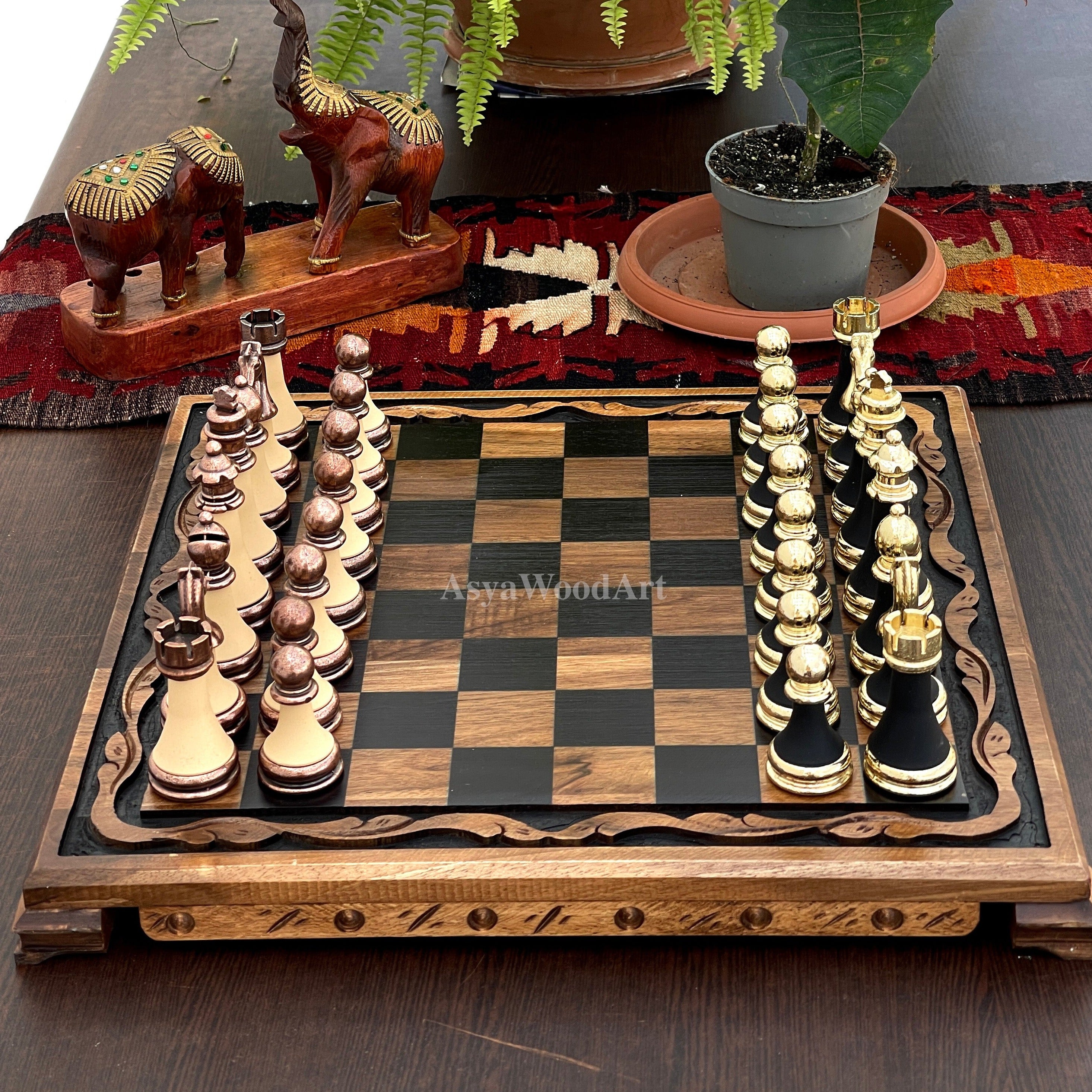 Large Walnut Wooden Chess Set with Large Special Chess Pieces