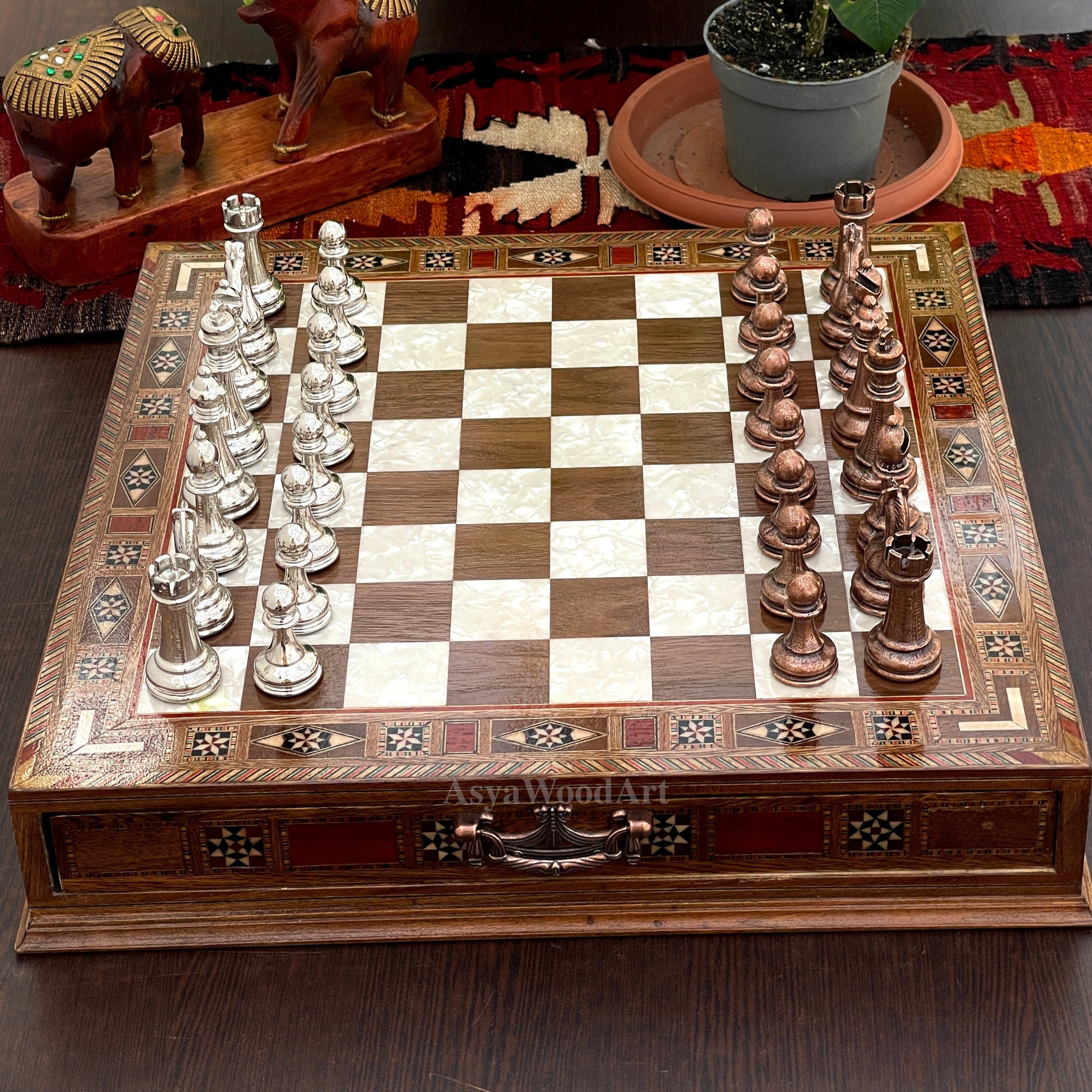 15.3" Luxury Wooden Storage Chess Board With Classic Metal Chess Pieces