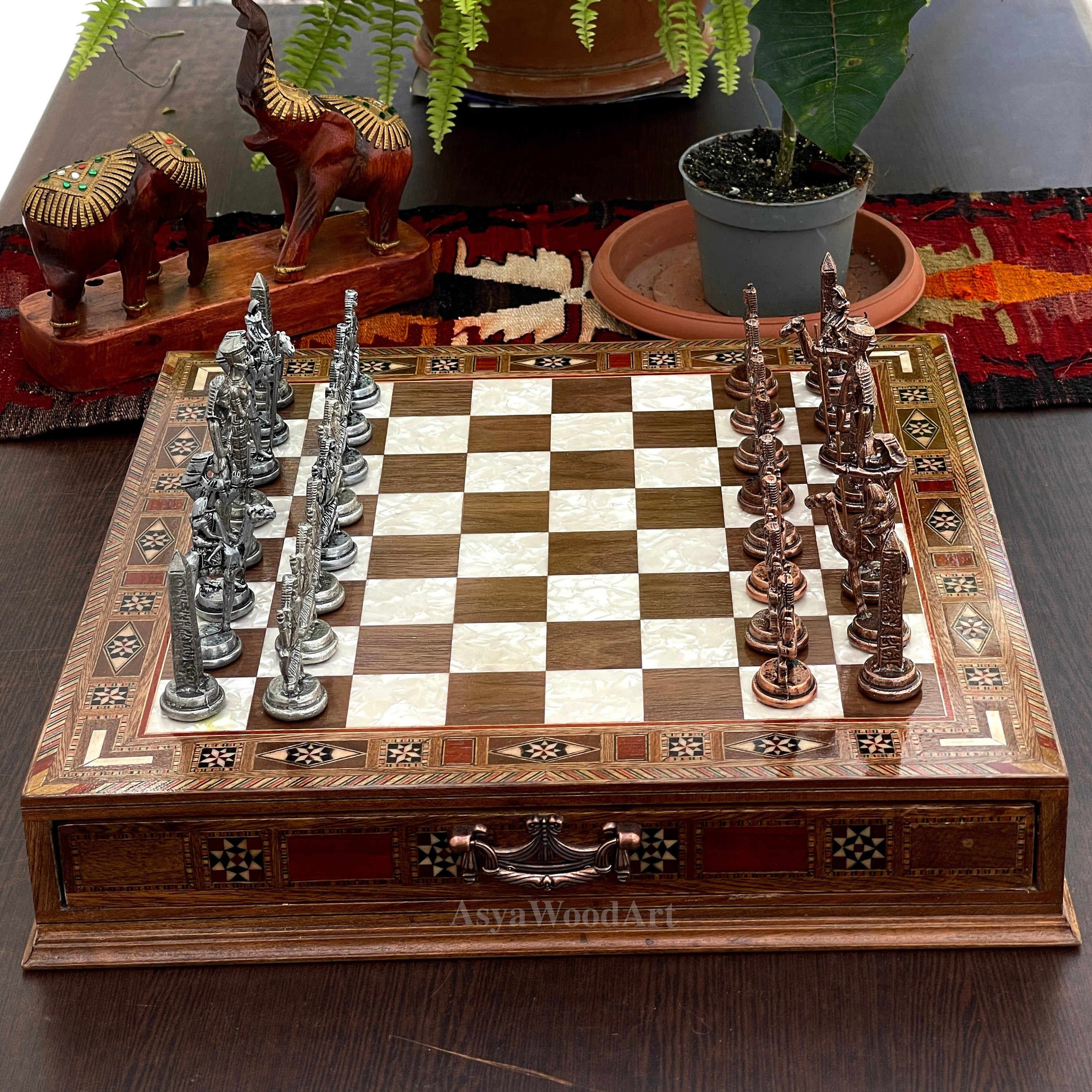 15.3" Luxury Wooden Storage Chess Board With Egyptian Metal Chess Pieces