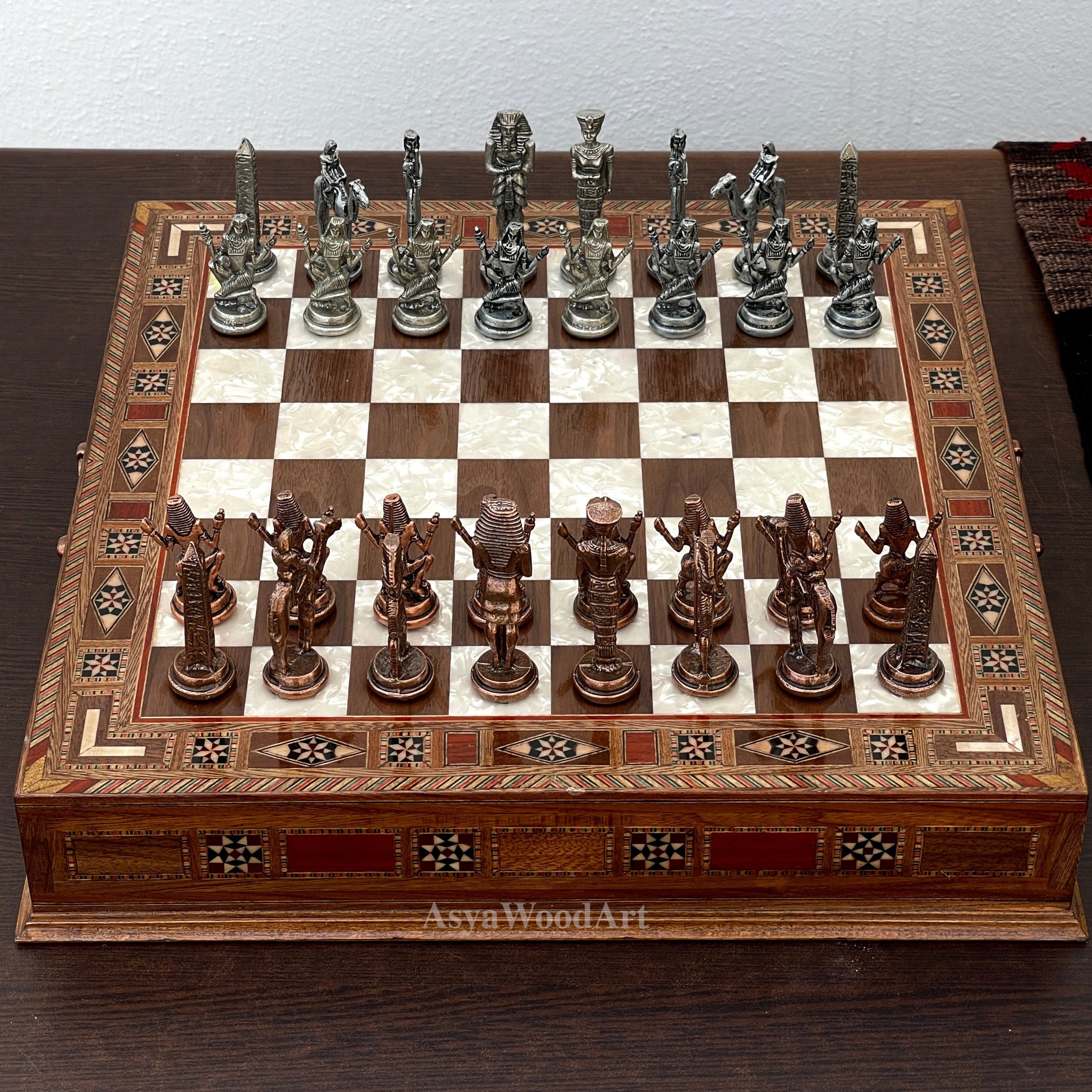 15.3" Luxury Wooden Storage Chess Board With Egyptian Metal Chess Pieces