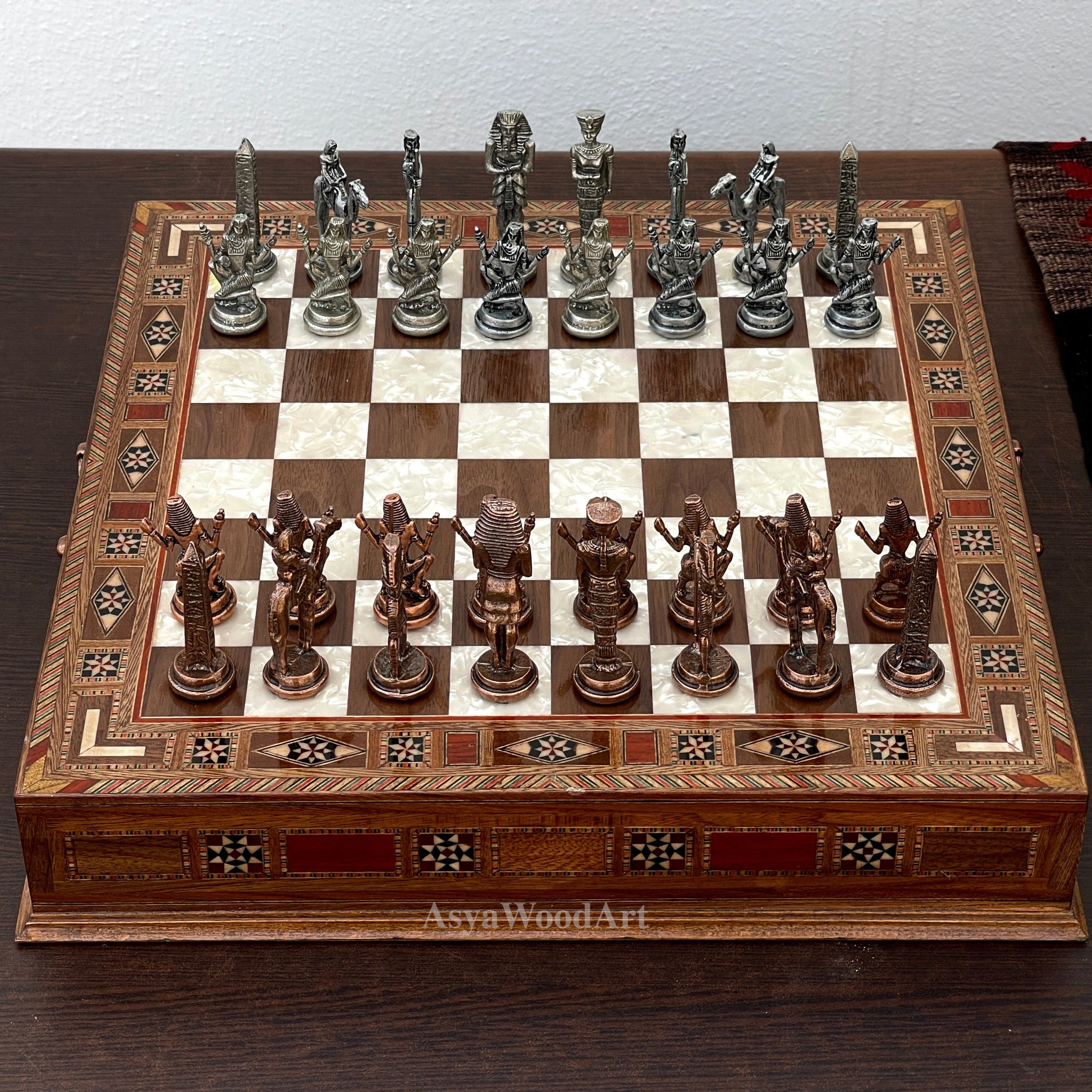 15.3" Luxury Wooden Storage Chess Board With Egyptian Metal Chess Pieces