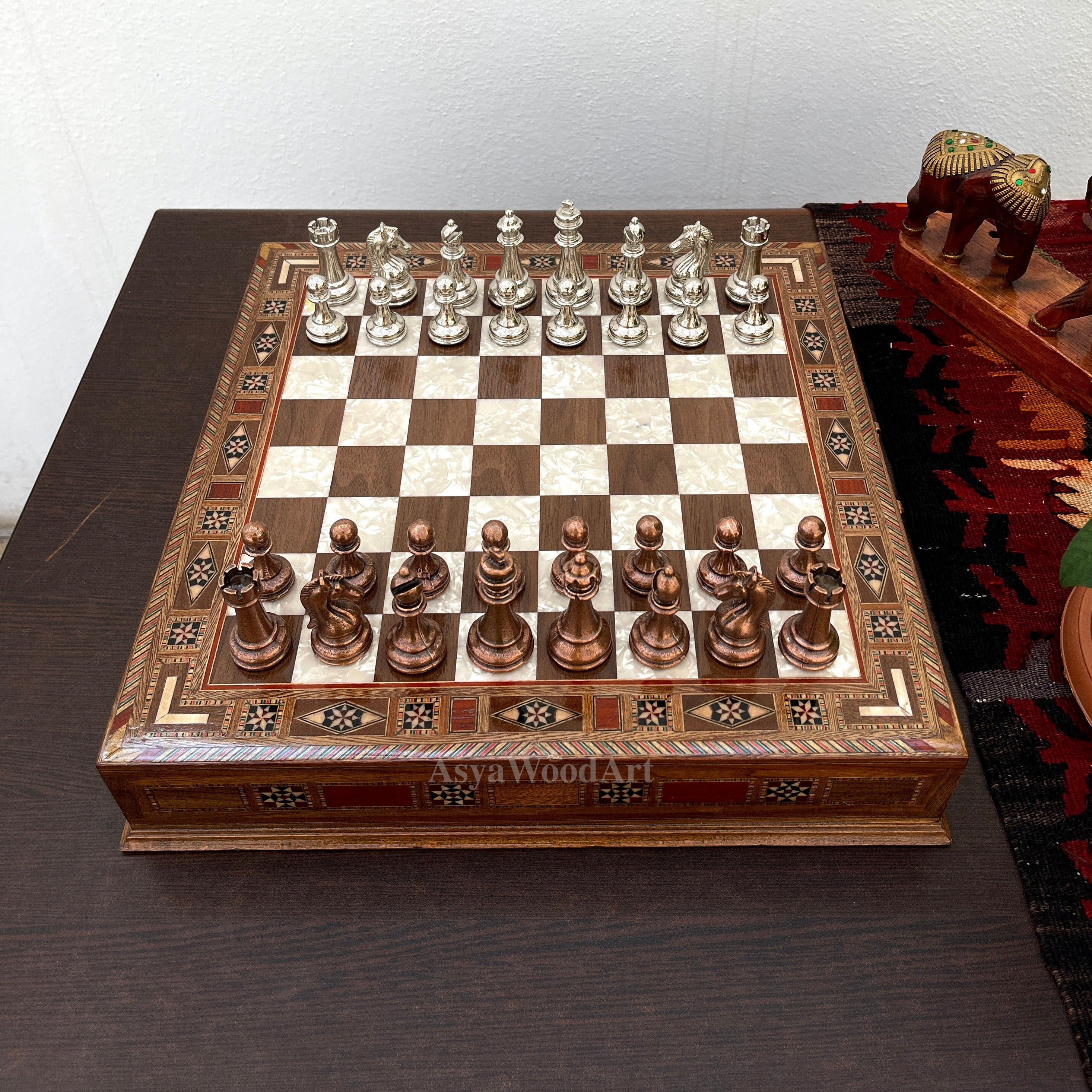 15.3" Luxury Wooden Storage Chess Board With Classic Metal Chess Pieces