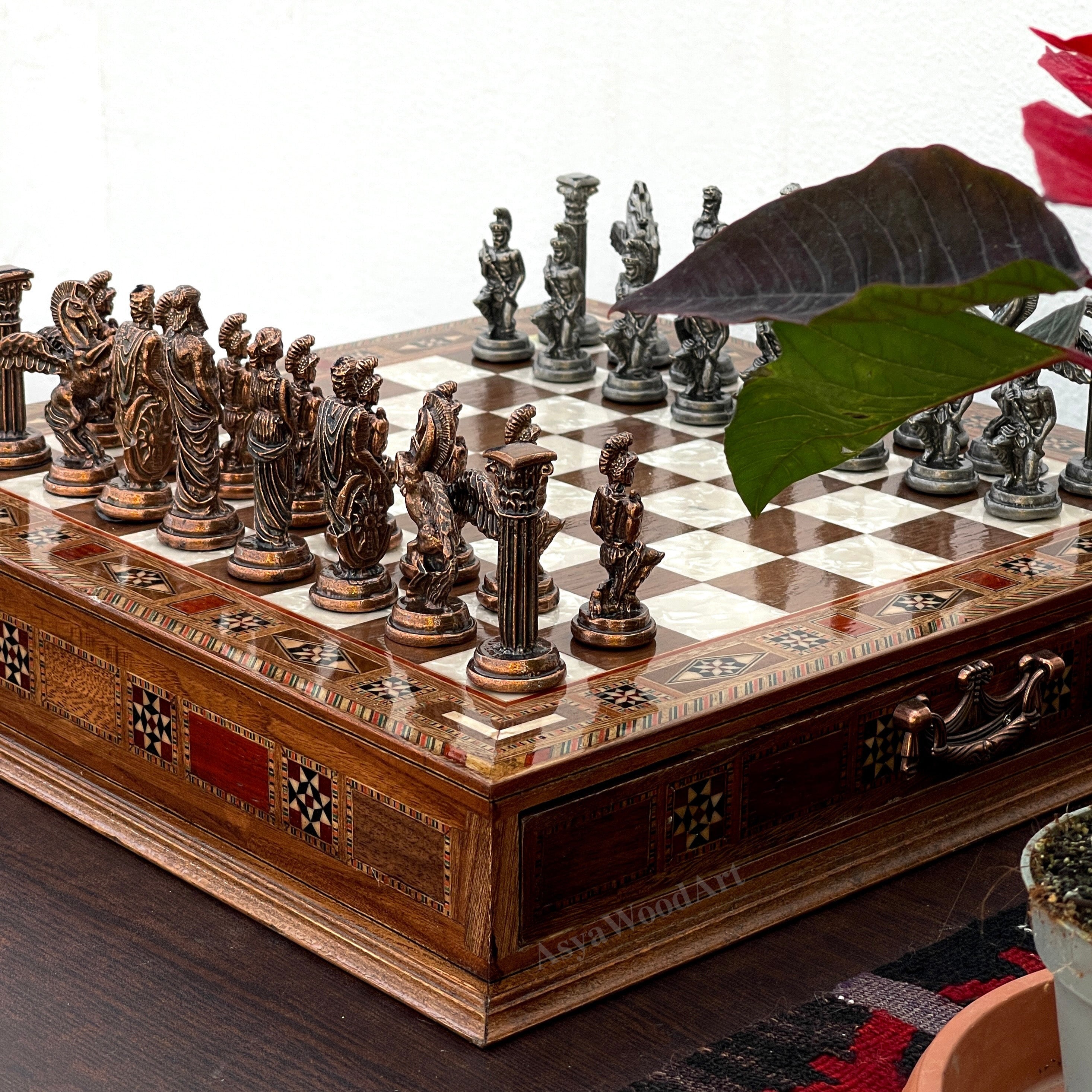 15.3" Luxury Wooden Storage Chess Board With Pegasus Metal Chess Pieces