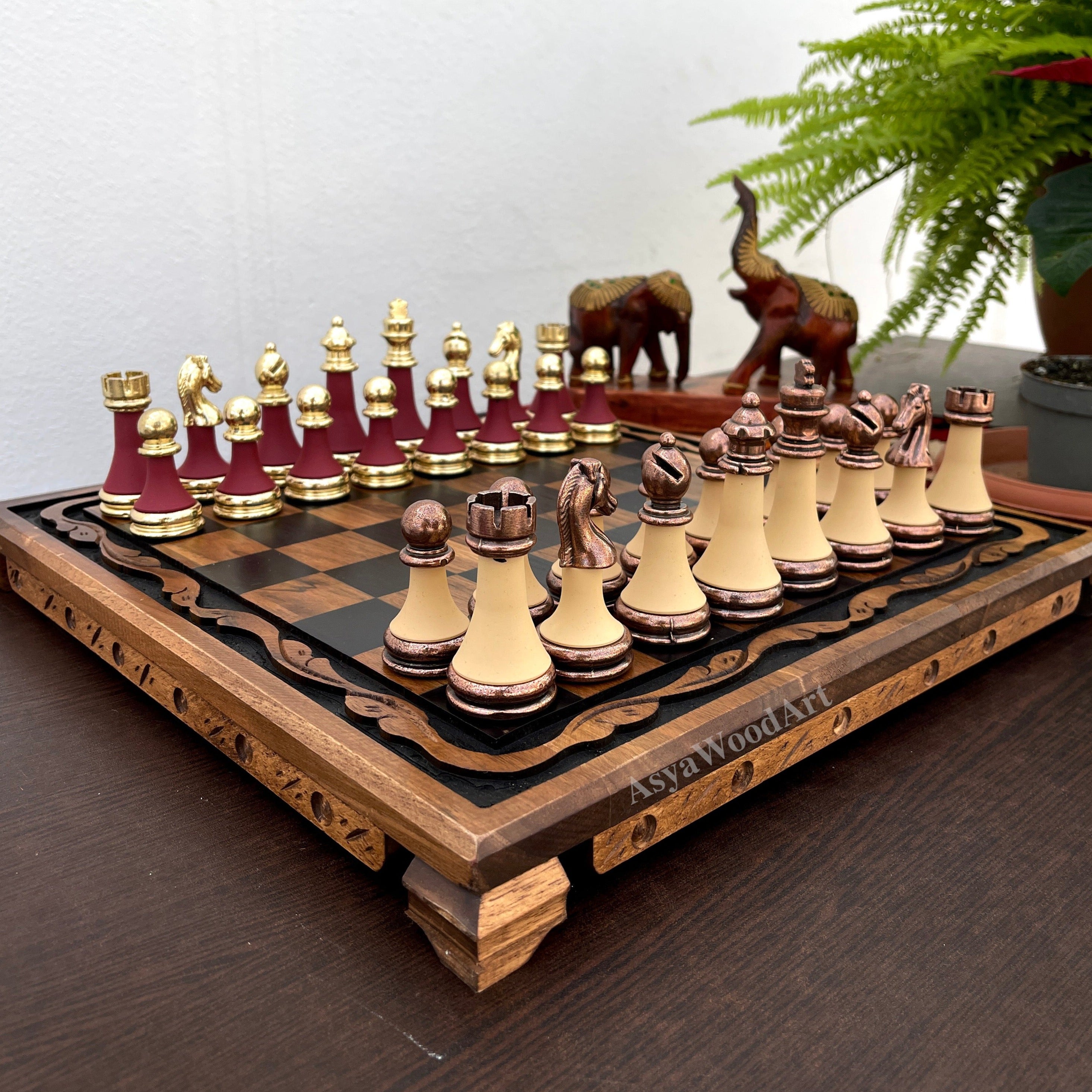 Large Walnut Wooden Chess Set with Large Special Chess Pieces