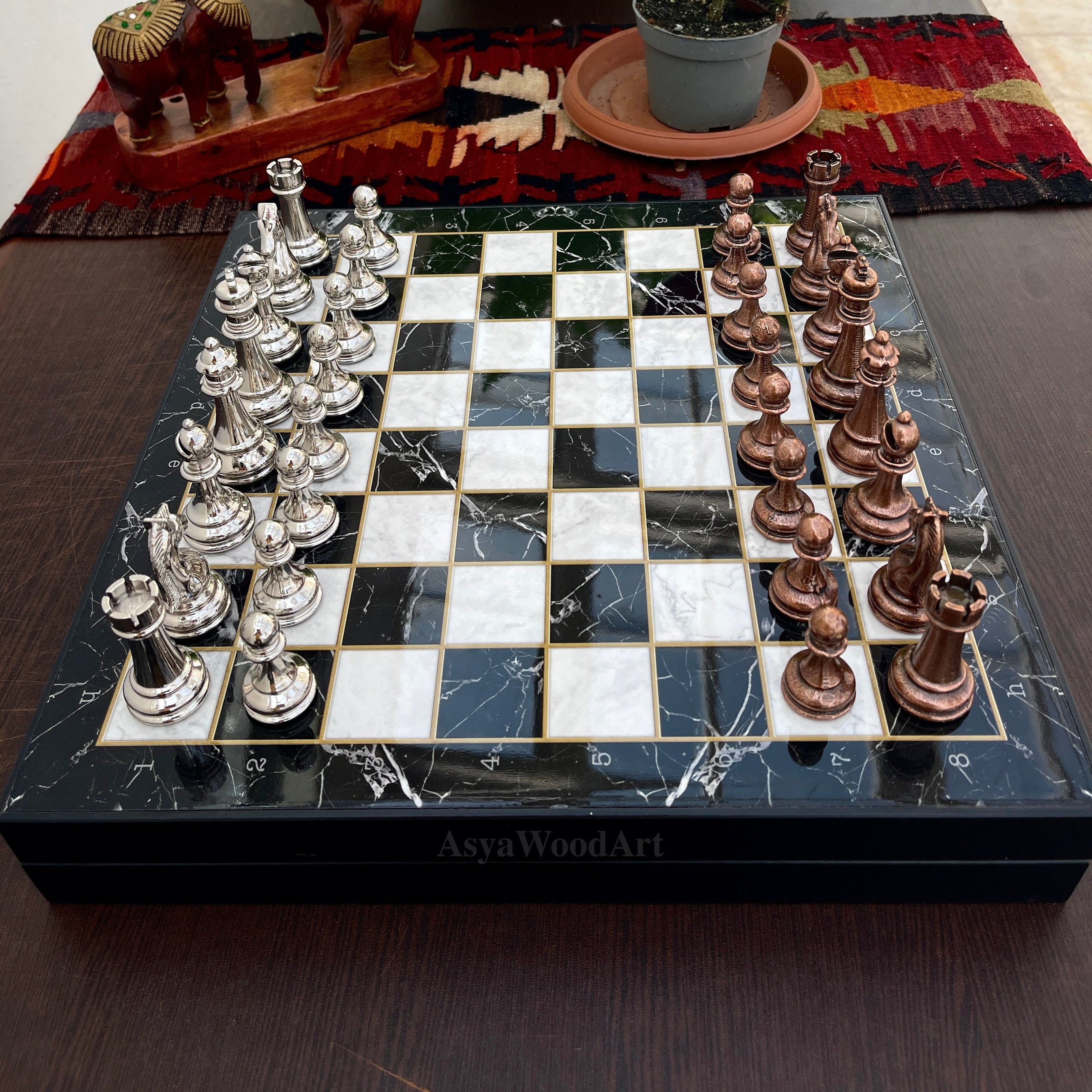VIP Personalized Marble Patterned Chess Set With Metal Chess Pieces Figures