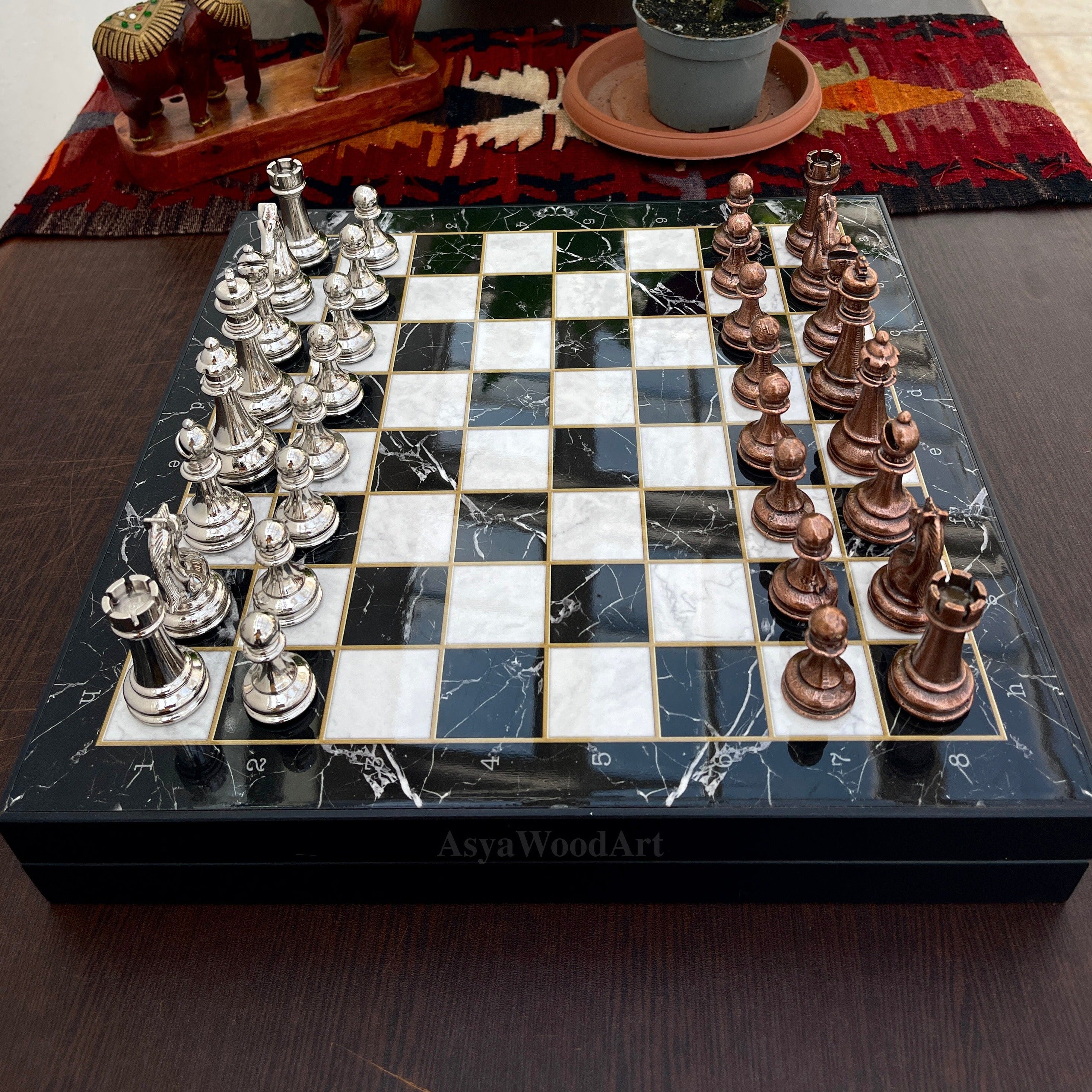 VIP Personalized Marble Patterned Chess Set With Metal Chess Pieces Figures