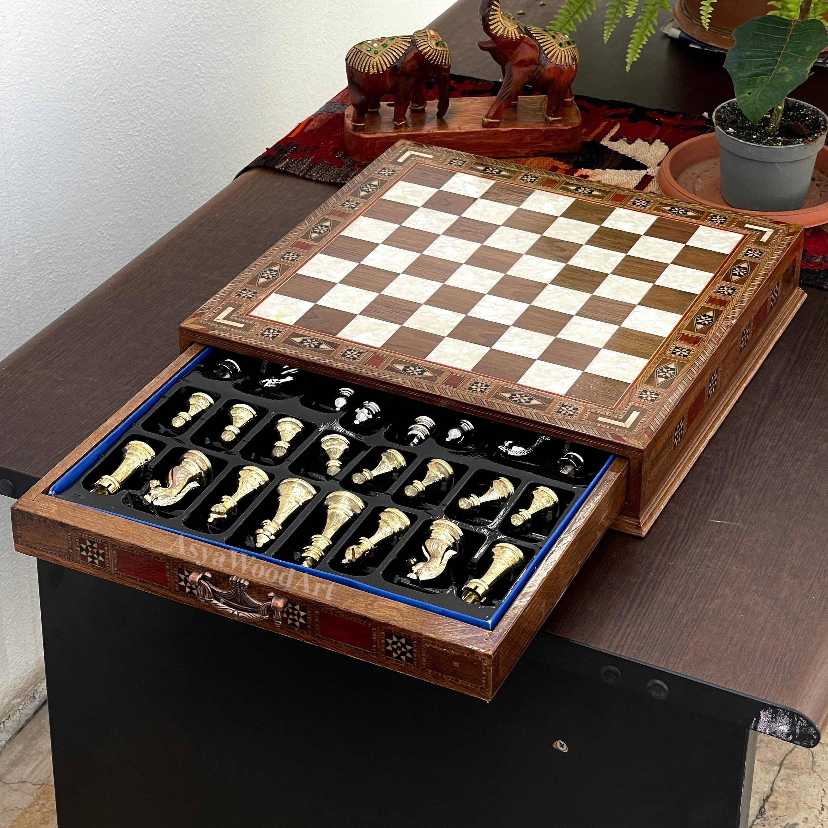 15.3" Luxury Wooden Storage Chess Board with Classic Metal Chess Pieces