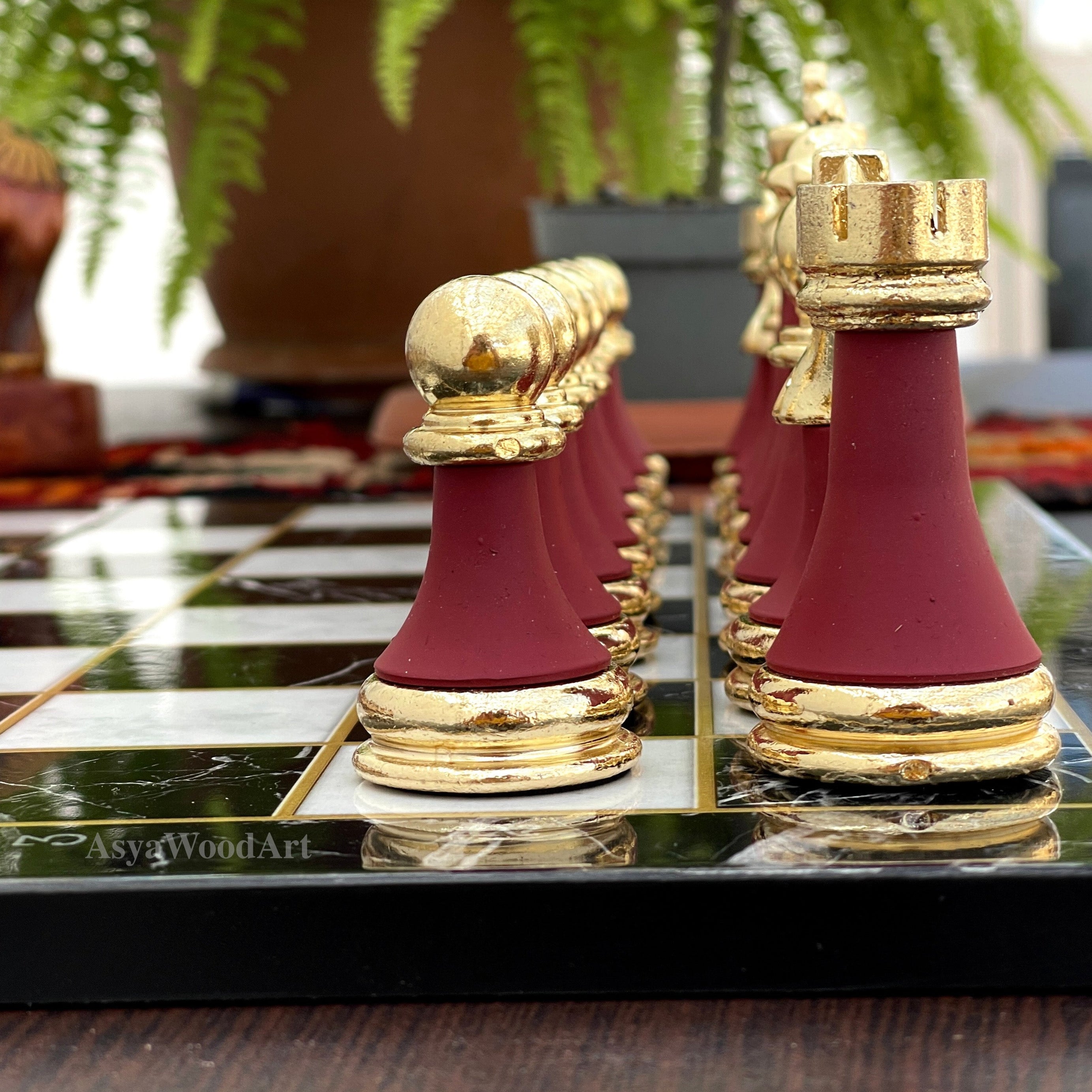 Large Marble Patterned Wooden Chess Set with Large Unique Chess Pieces