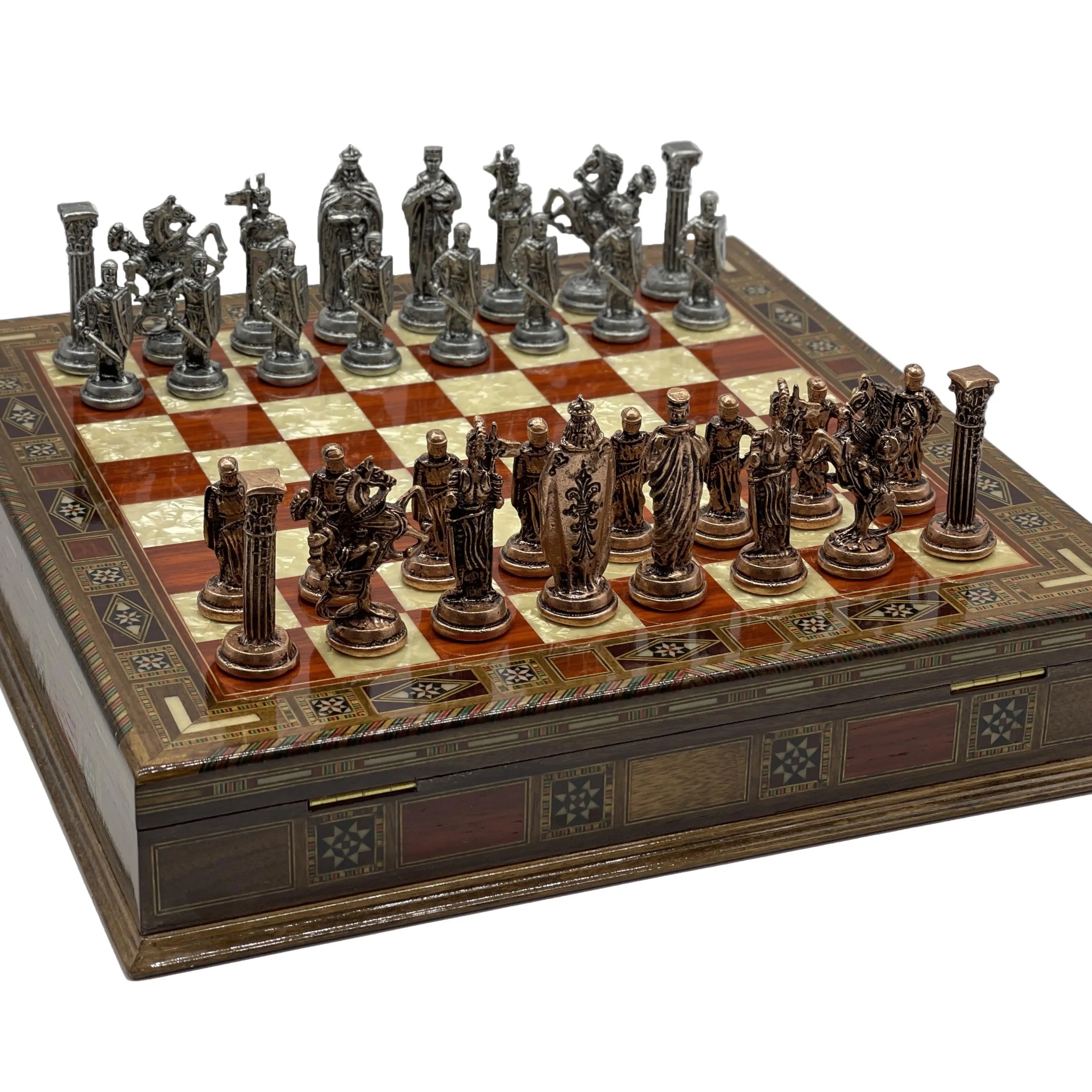 Handmade Rosewood Wooden Boxed Chess Set with British Metal Chess Pieces - AsyaWoodArt