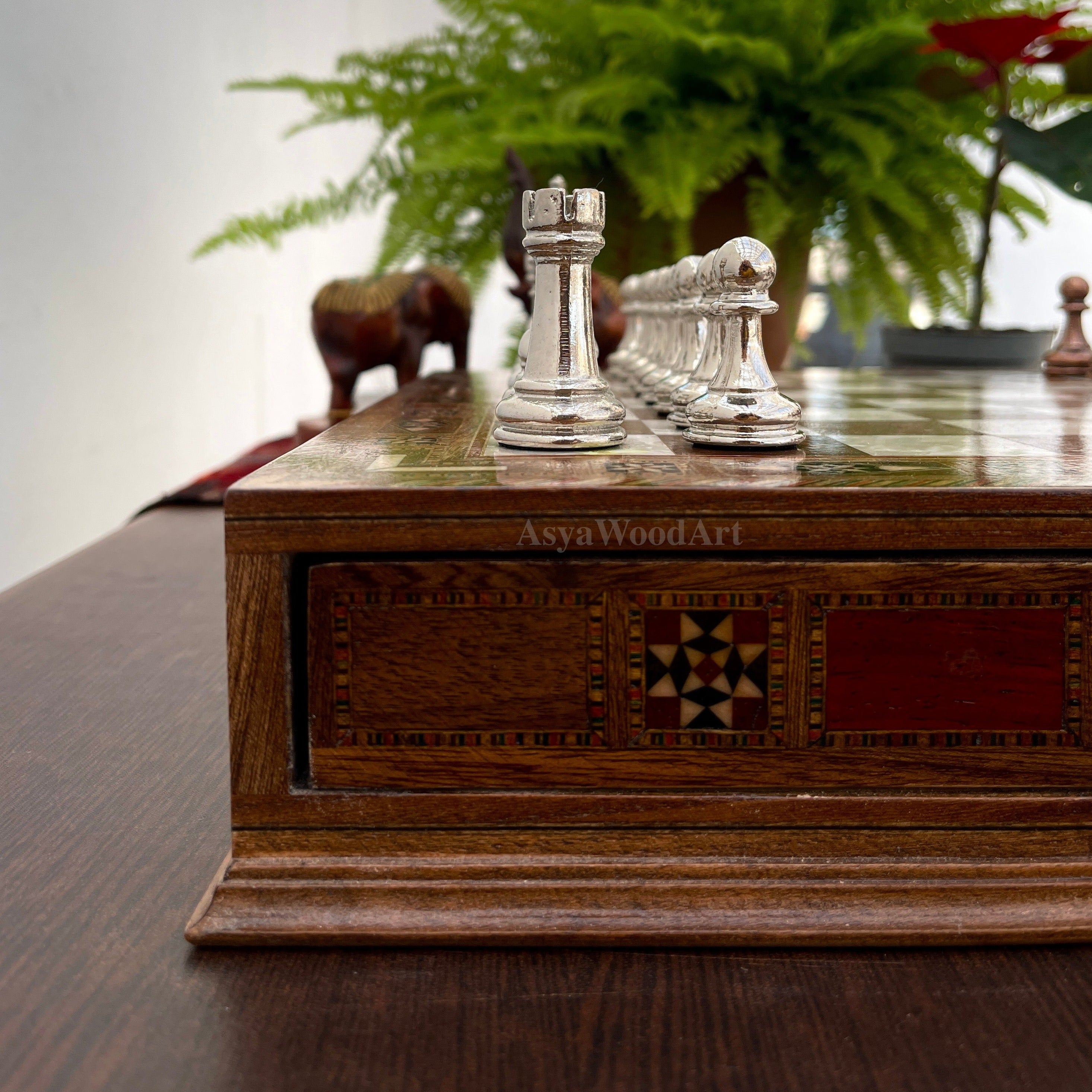 15.3" Luxury Wooden Storage Chess Board With Classic Metal Chess Pieces