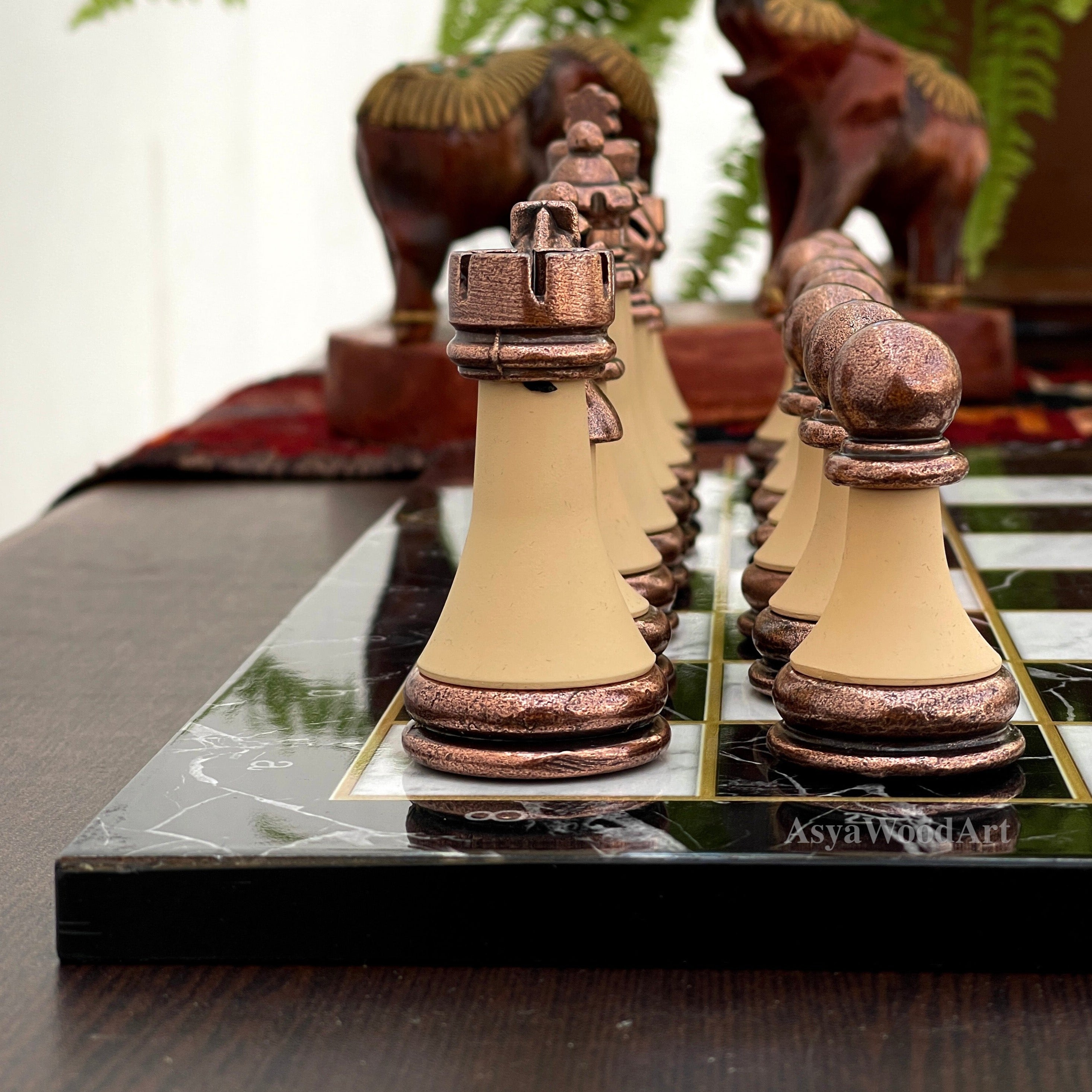 Large Marble Patterned Wooden Chess Set with Large Unique Chess Pieces