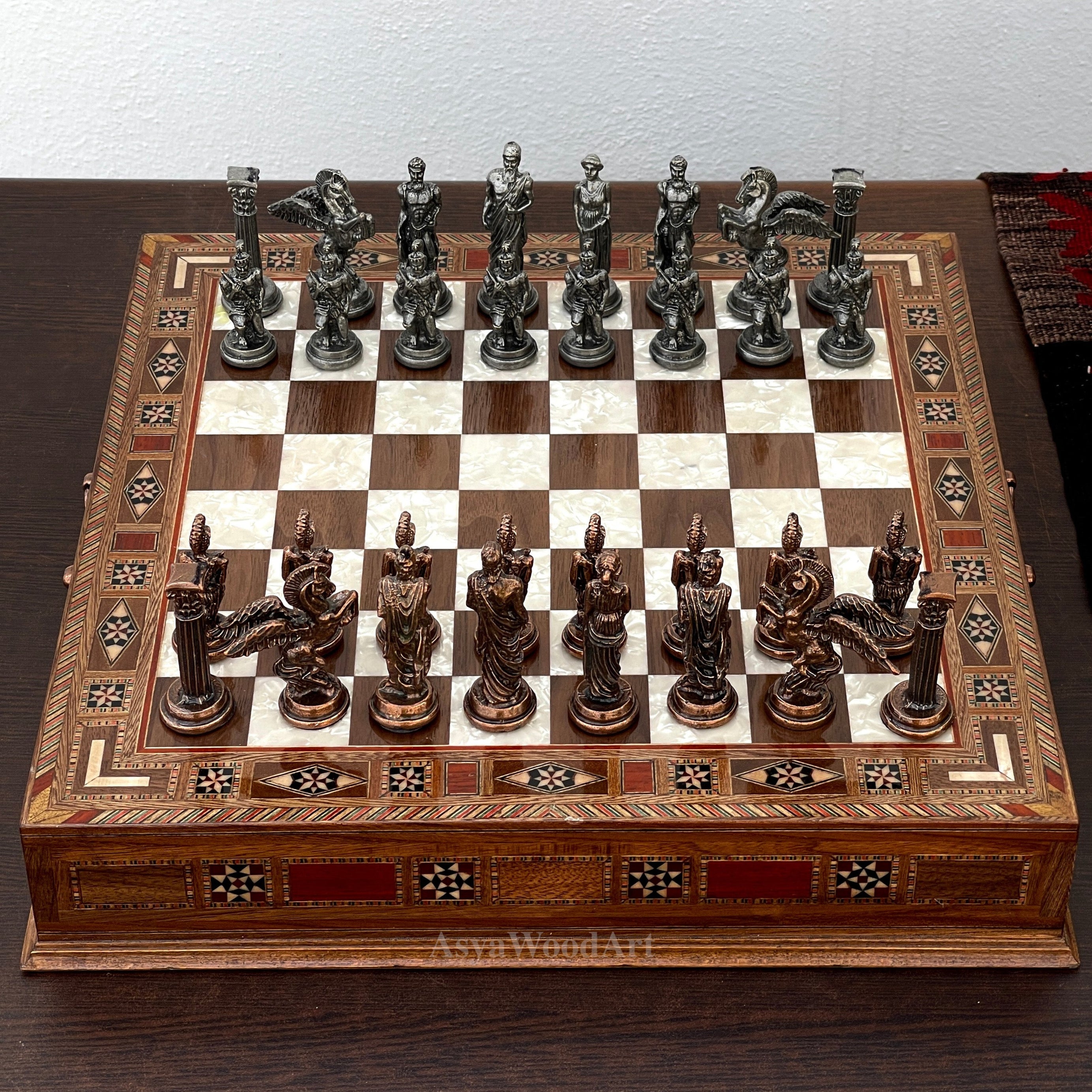 15.3" Luxury Wooden Storage Chess Board With Pegasus Metal Chess Pieces