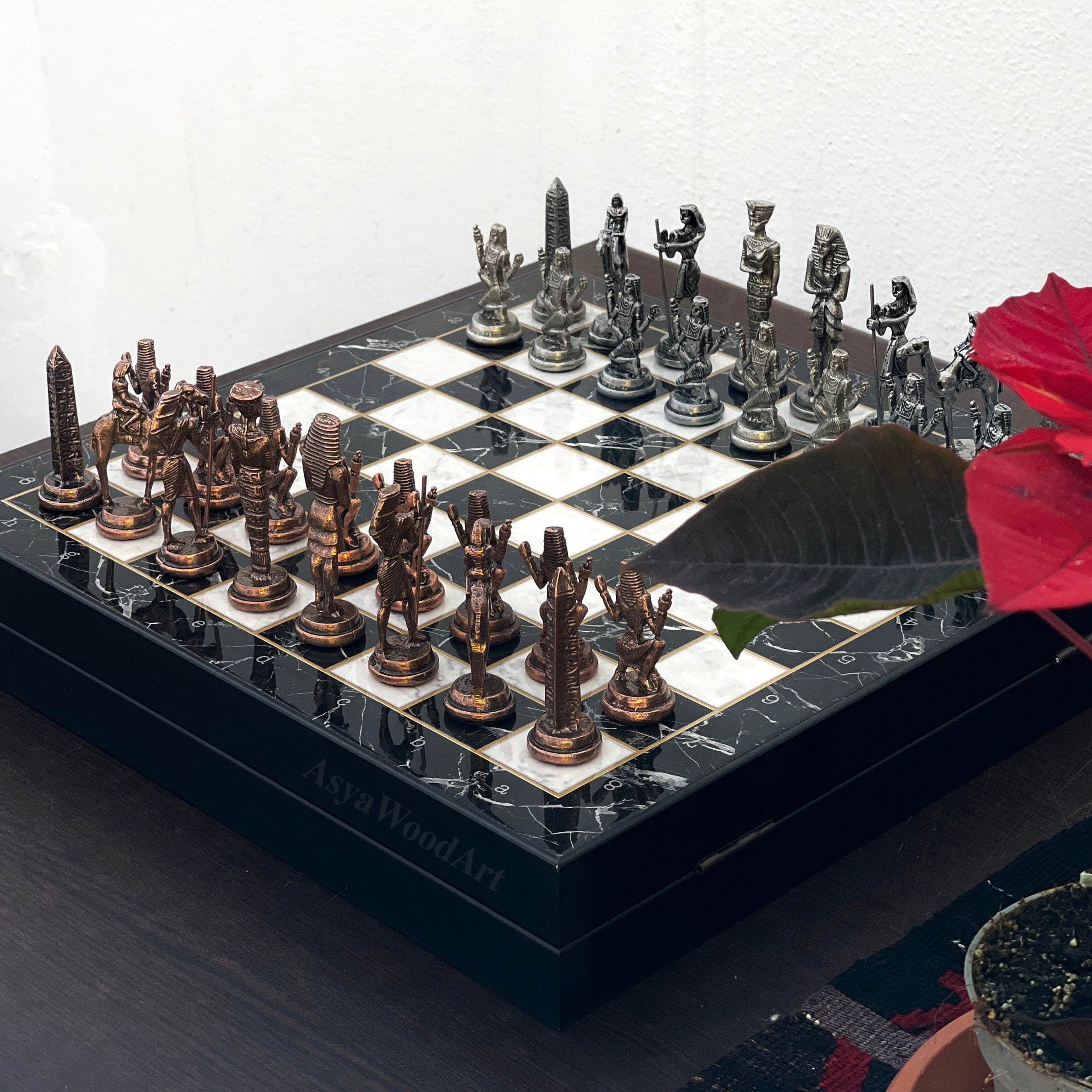 VIP Personalized Marble Patterned Chess Set With Egyptian Metal Chess Pieces