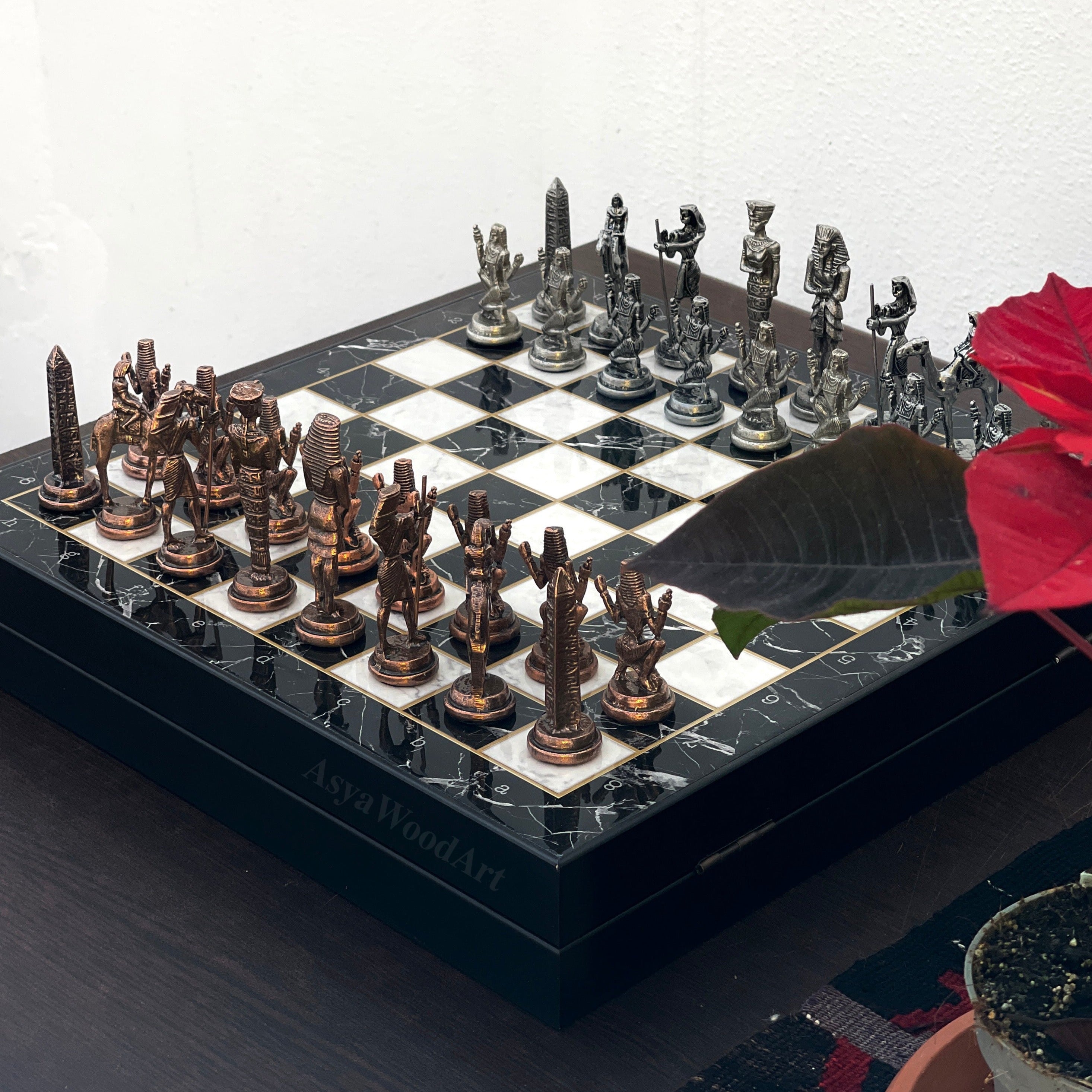 VIP Personalized Marble Patterned Chess Set With Egyptian Metal Chess Pieces