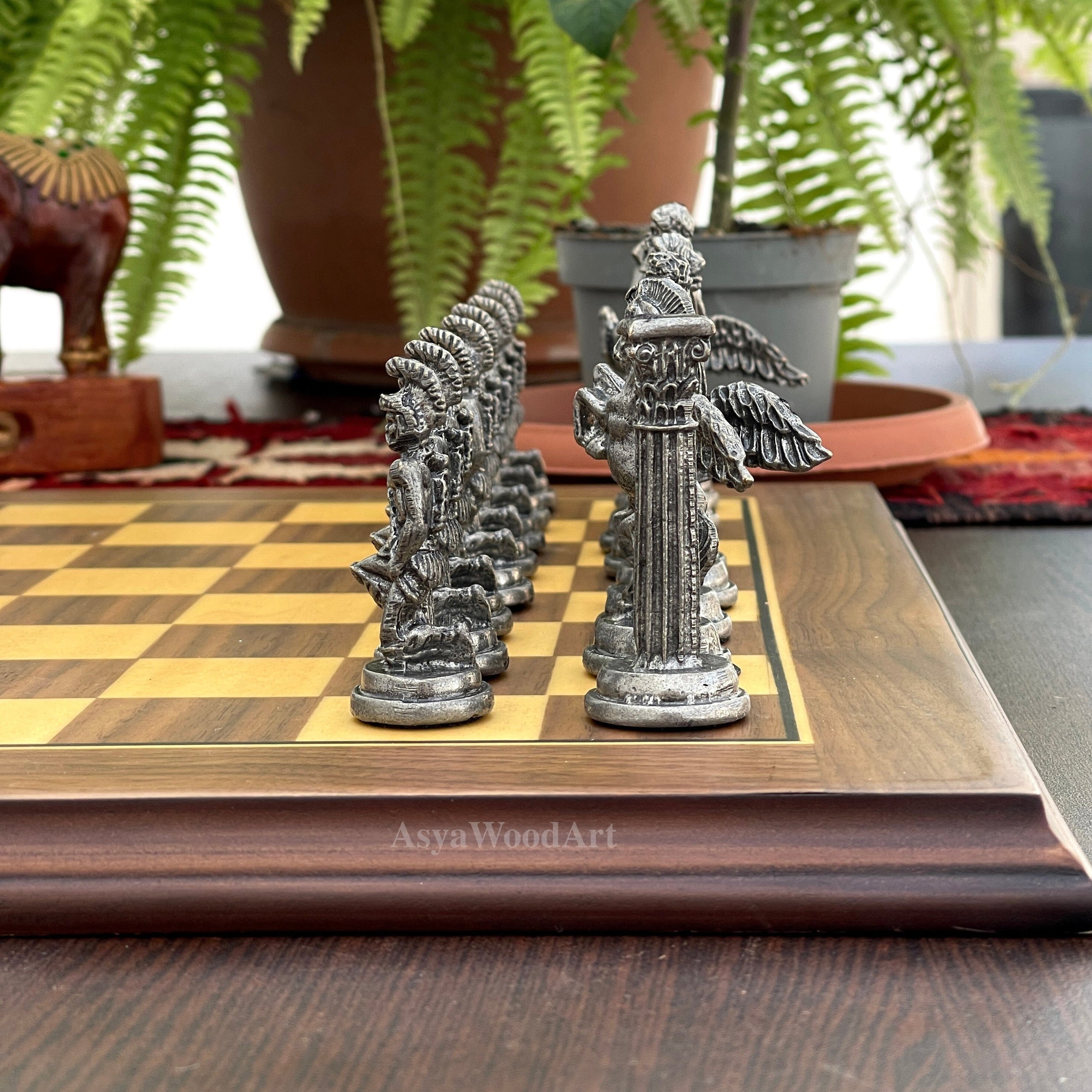 American Walnut Solid Wooden Chess Set With Pegasus Metal Chess Pieces