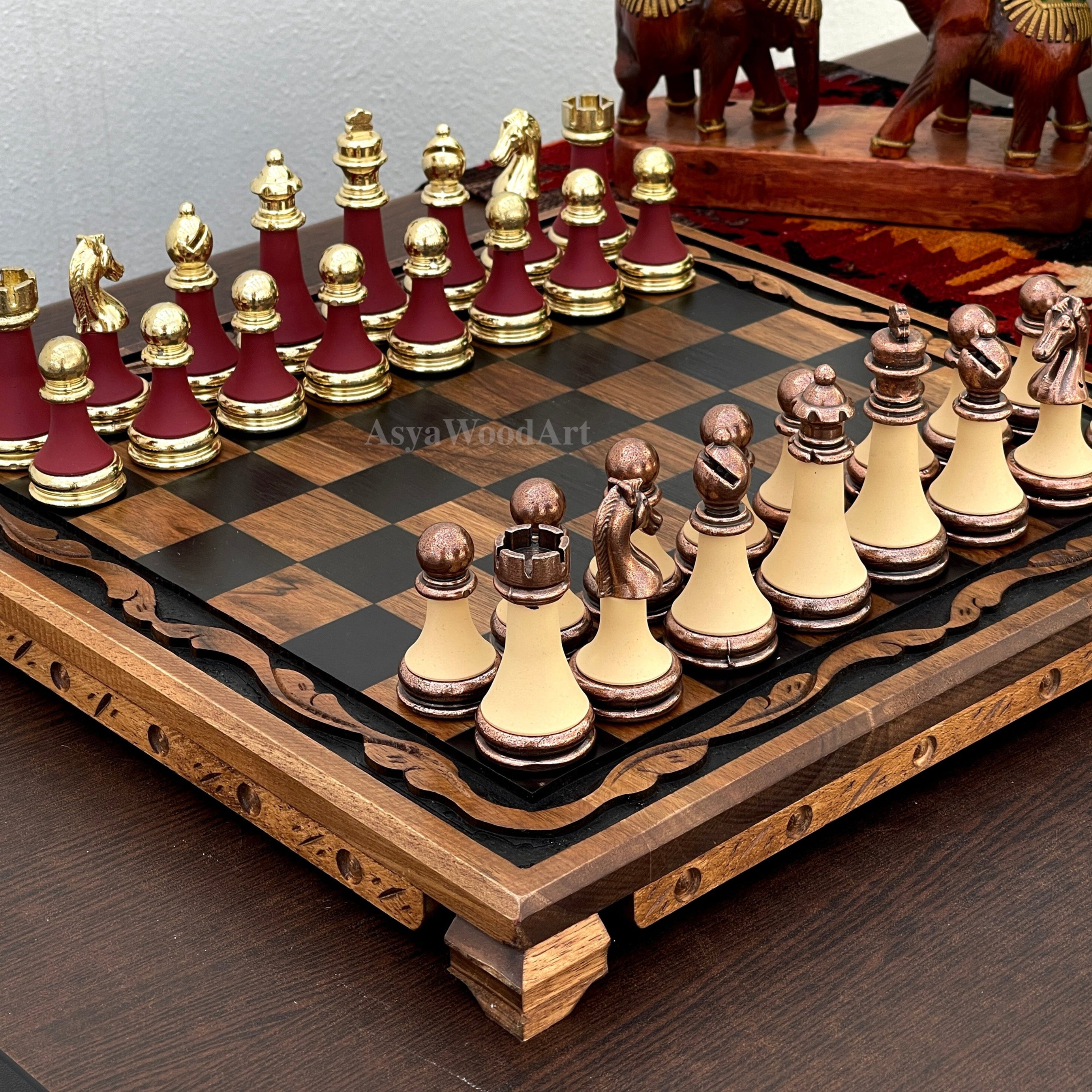 Large Walnut Wooden Chess Set with Large Special Chess Pieces