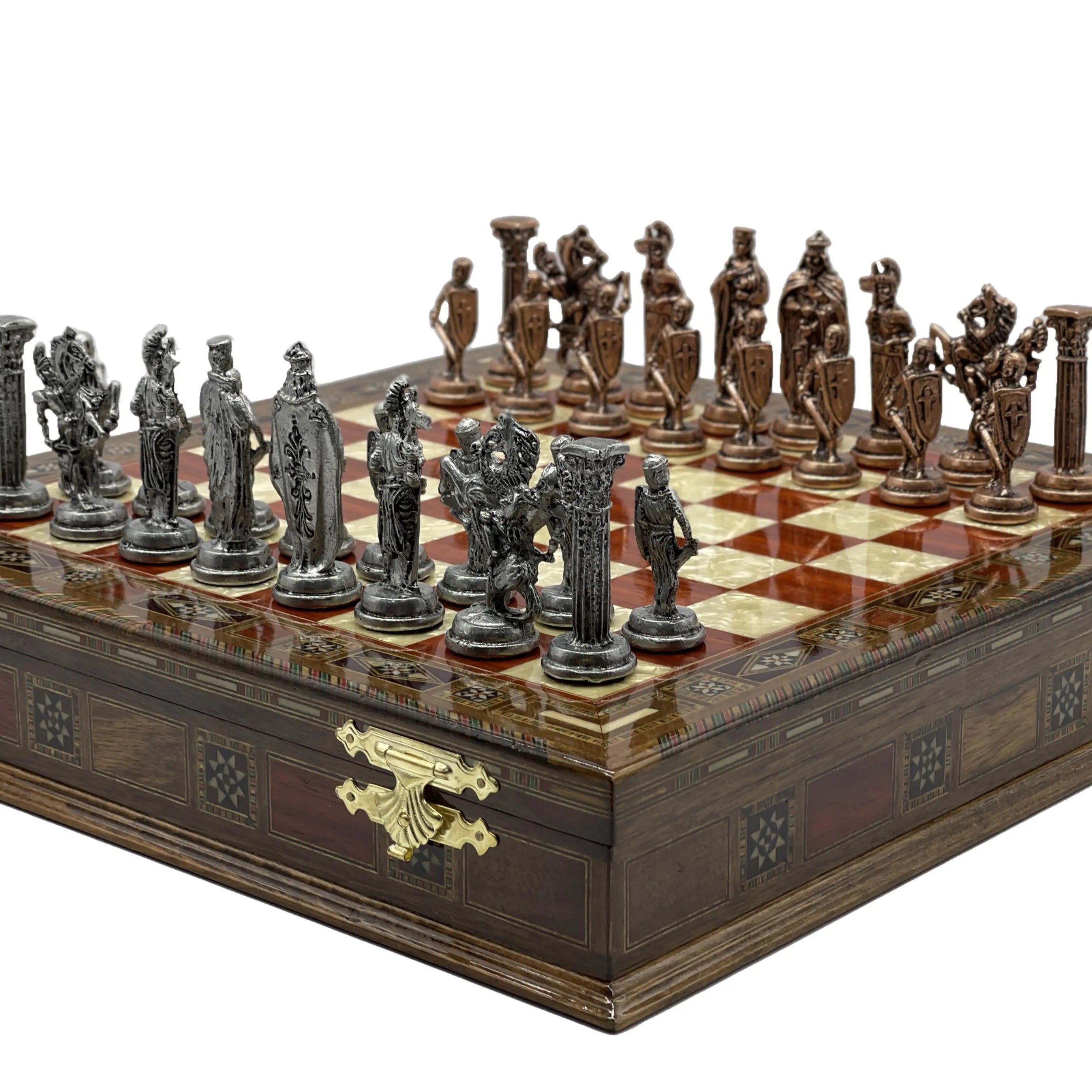 Handmade Rosewood Wooden Boxed Chess Set with British Metal Chess Pieces - AsyaWoodArt