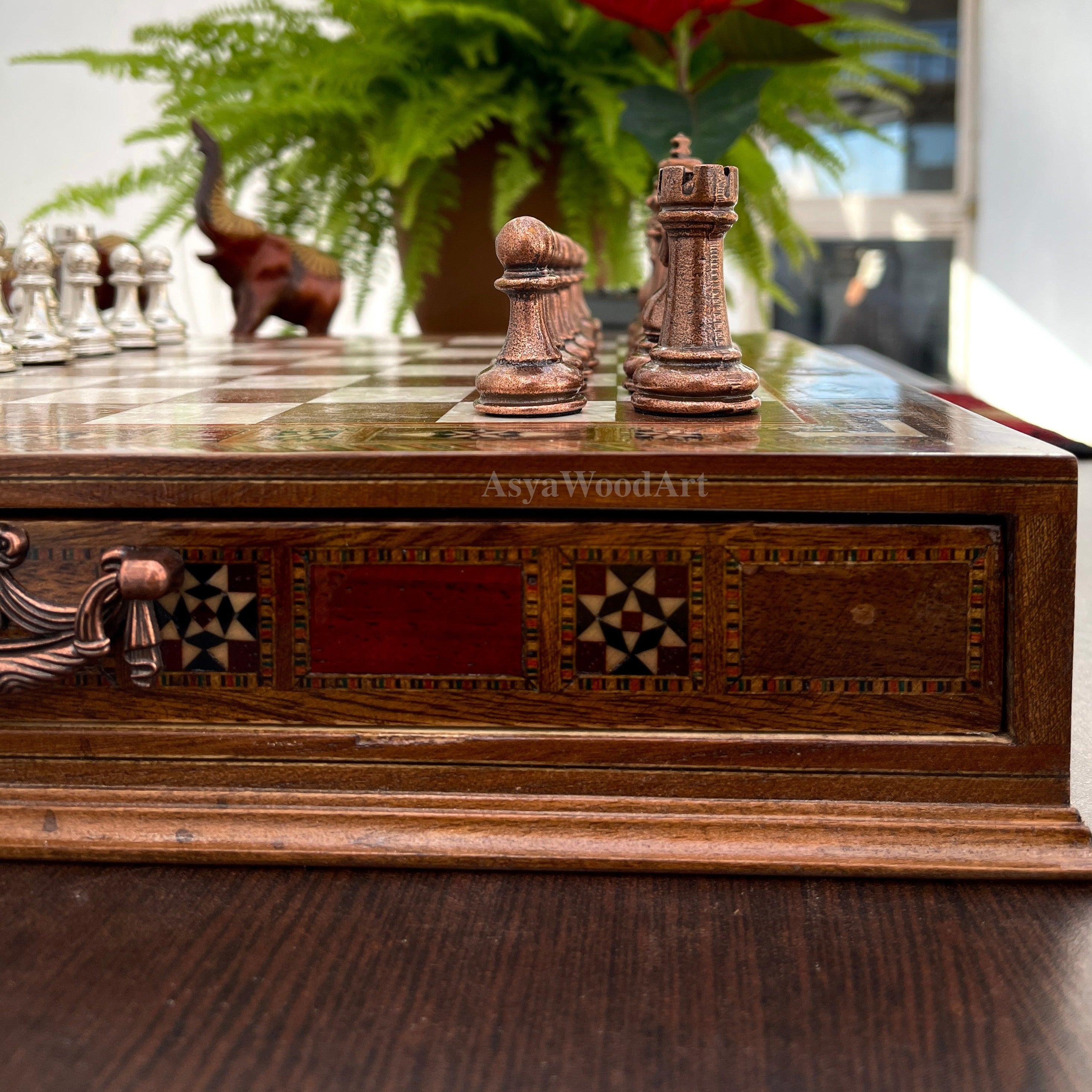 15.3" Luxury Wooden Storage Chess Board With Classic Metal Chess Pieces