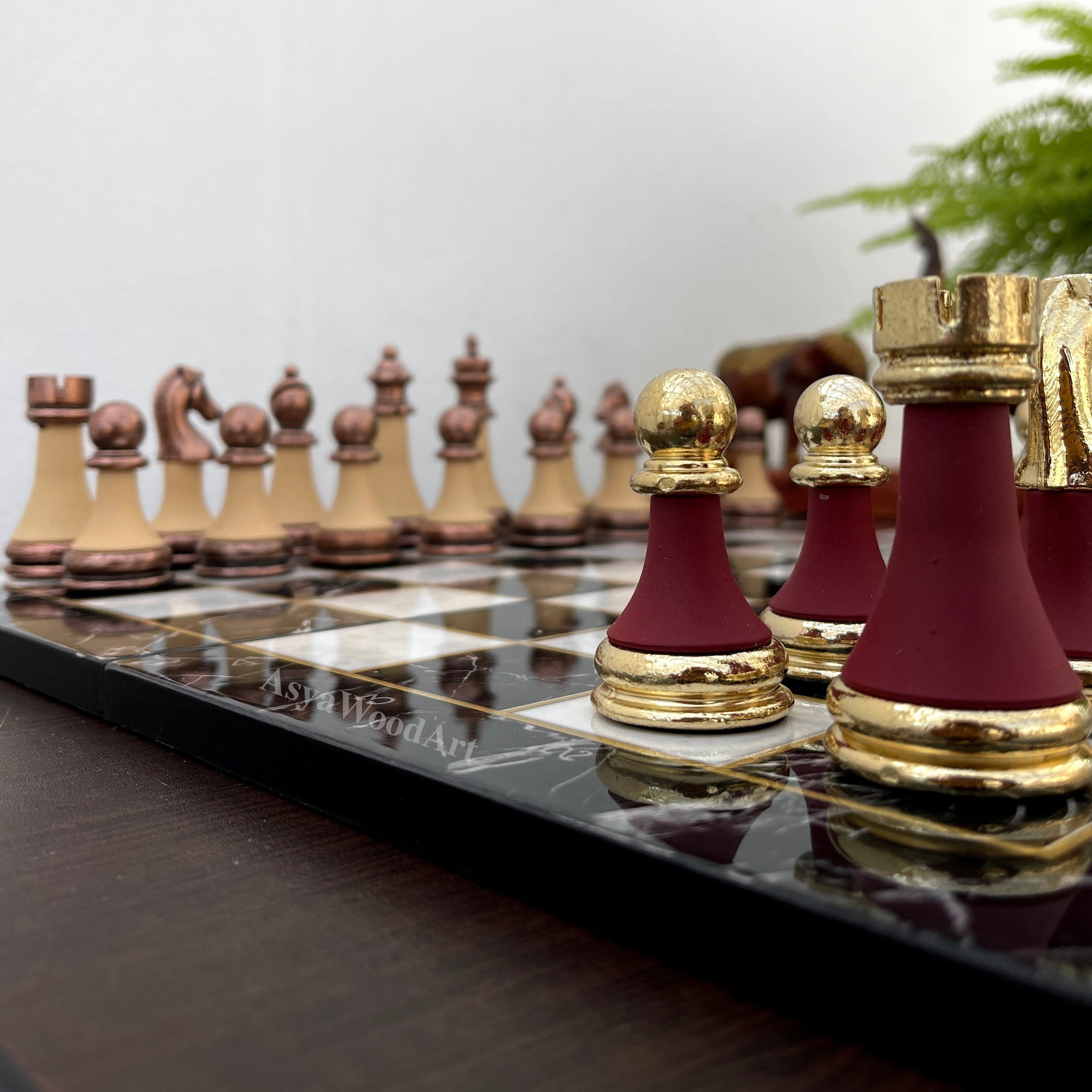 Large Marble Patterned Wooden Chess Set with Large Unique Chess Pieces