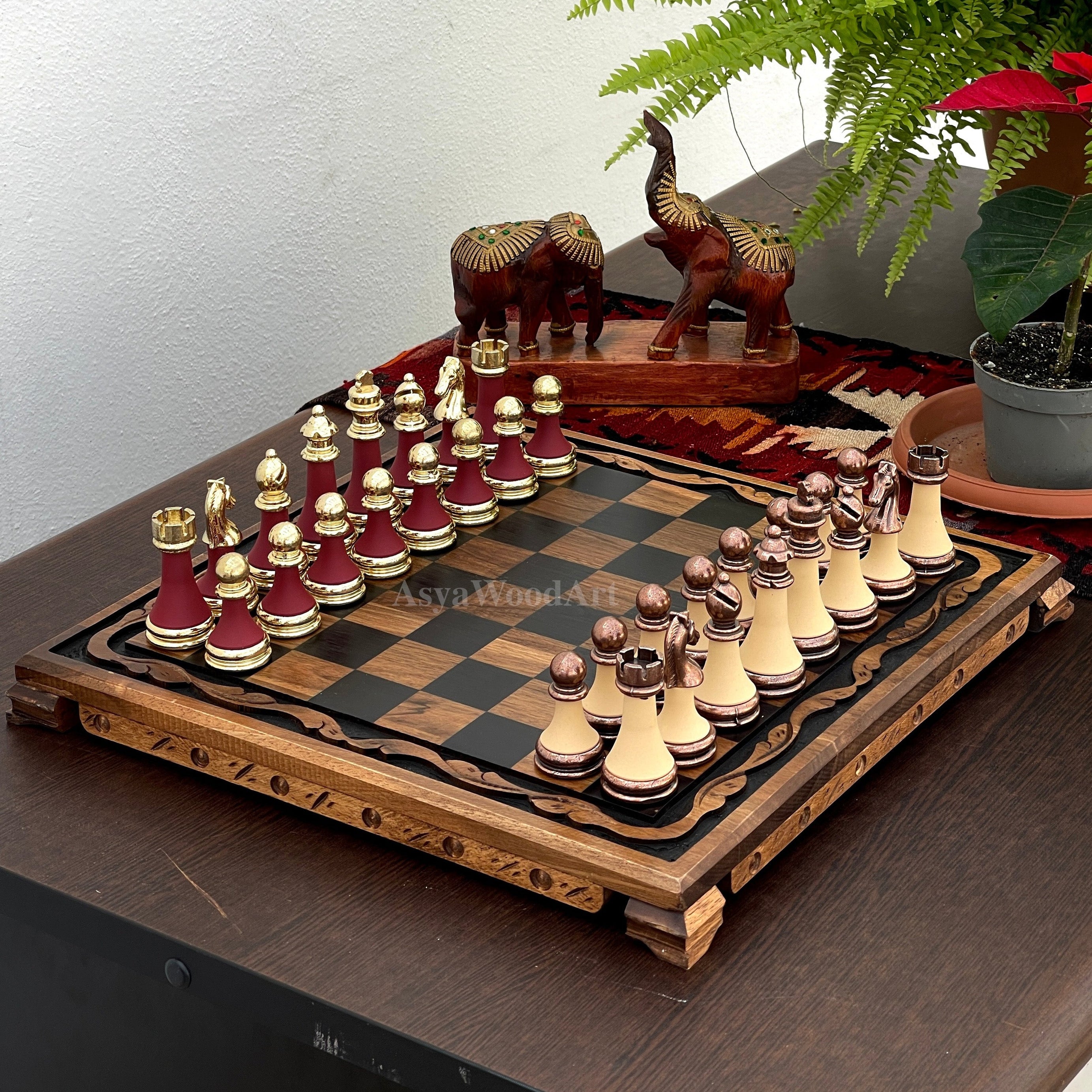 Large Walnut Wooden Chess Set with Large Special Chess Pieces