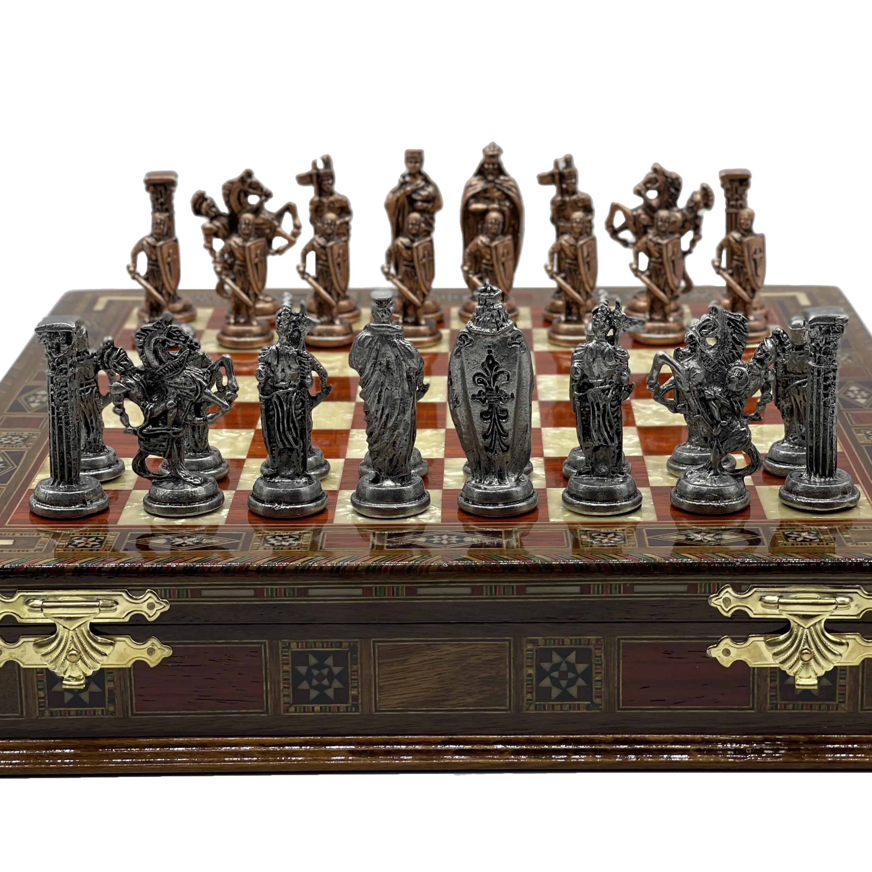Handmade Rosewood Wooden Boxed Chess Set with British Metal Chess Pieces - AsyaWoodArt
