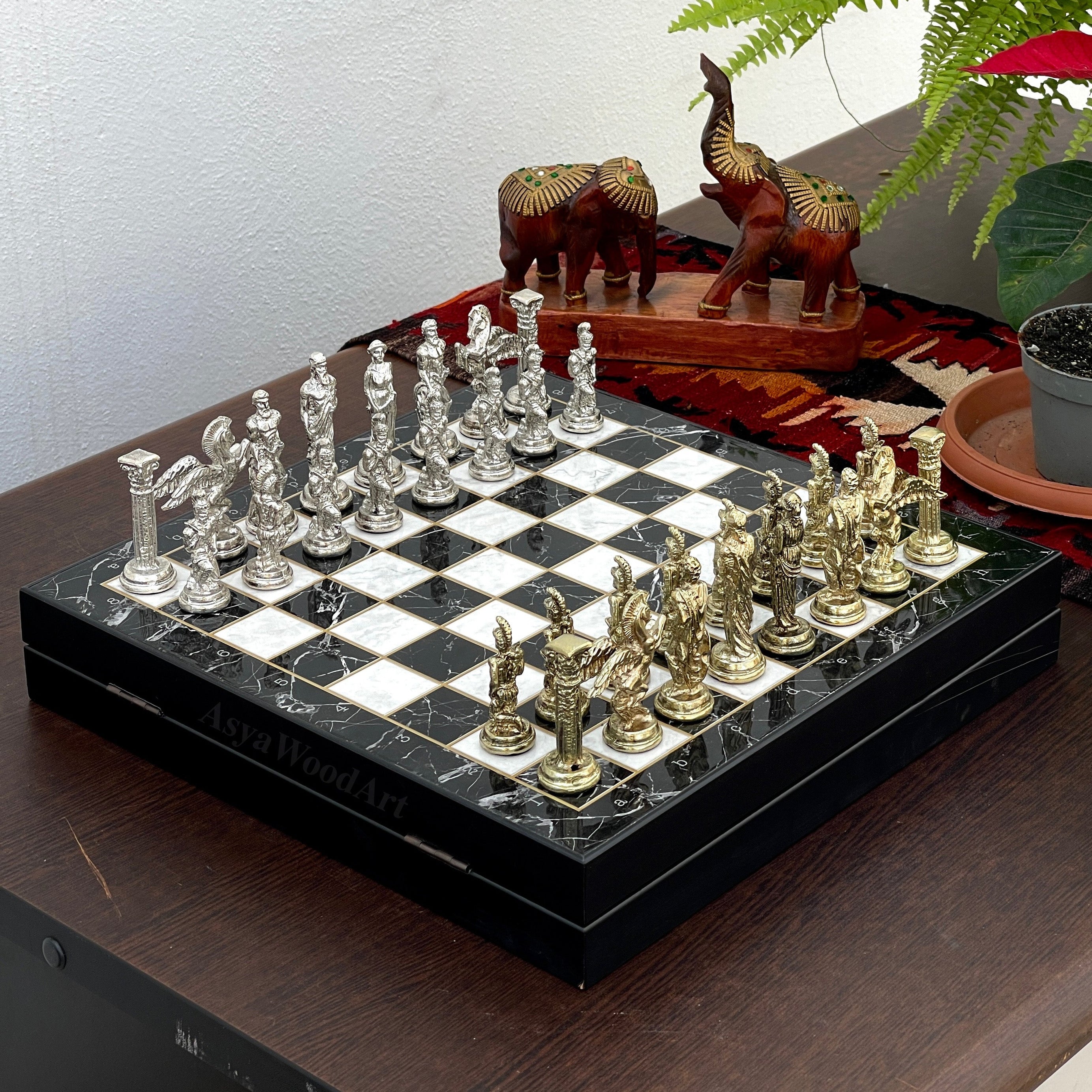 VIP Personalized Marble Patterned Chess Set With Pegasus Metal Chess Pieces