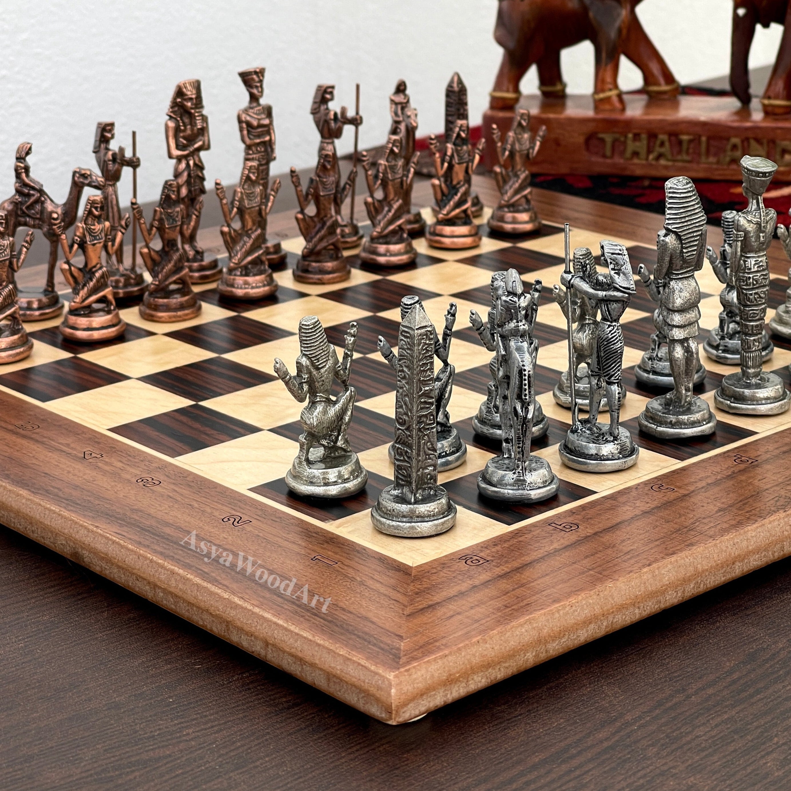 15.3" Massive Solid Wooden Chess Board With Egyptian Metal Chess Pieces