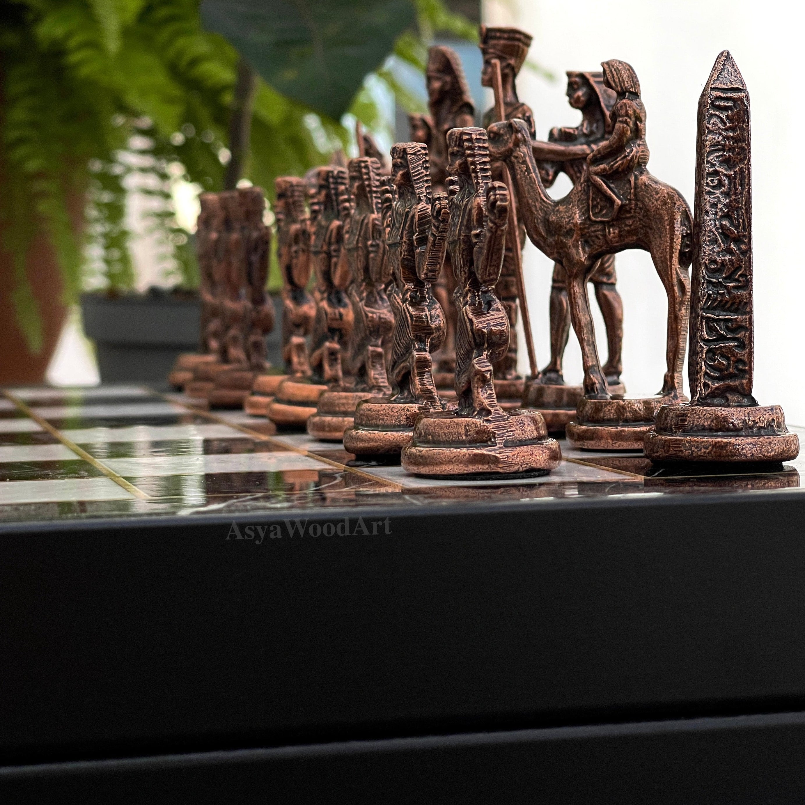 VIP Personalized Marble Patterned Chess Set With Egyptian Metal Chess Pieces