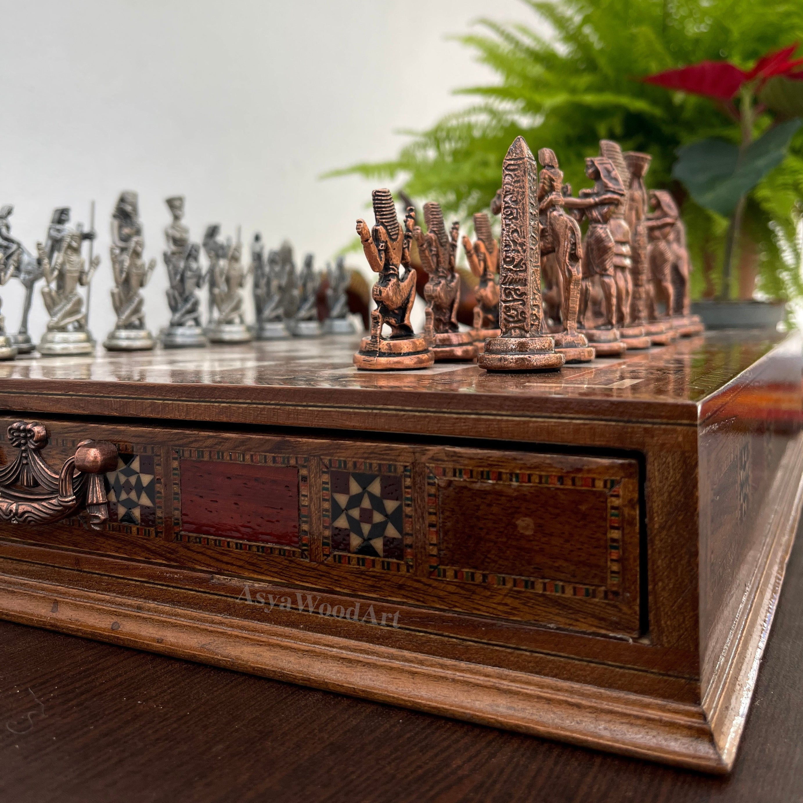 15.3" Luxury Wooden Storage Chess Board With Egyptian Metal Chess Pieces