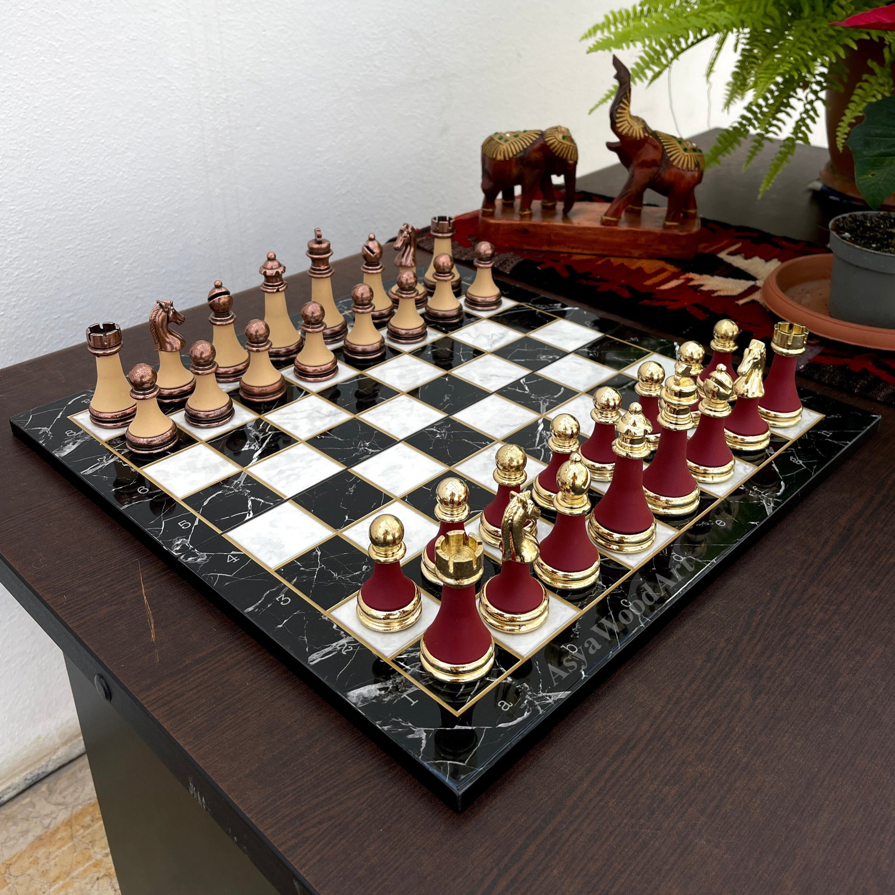 Large Marble Patterned Wooden Chess Set with Large Unique Chess Pieces