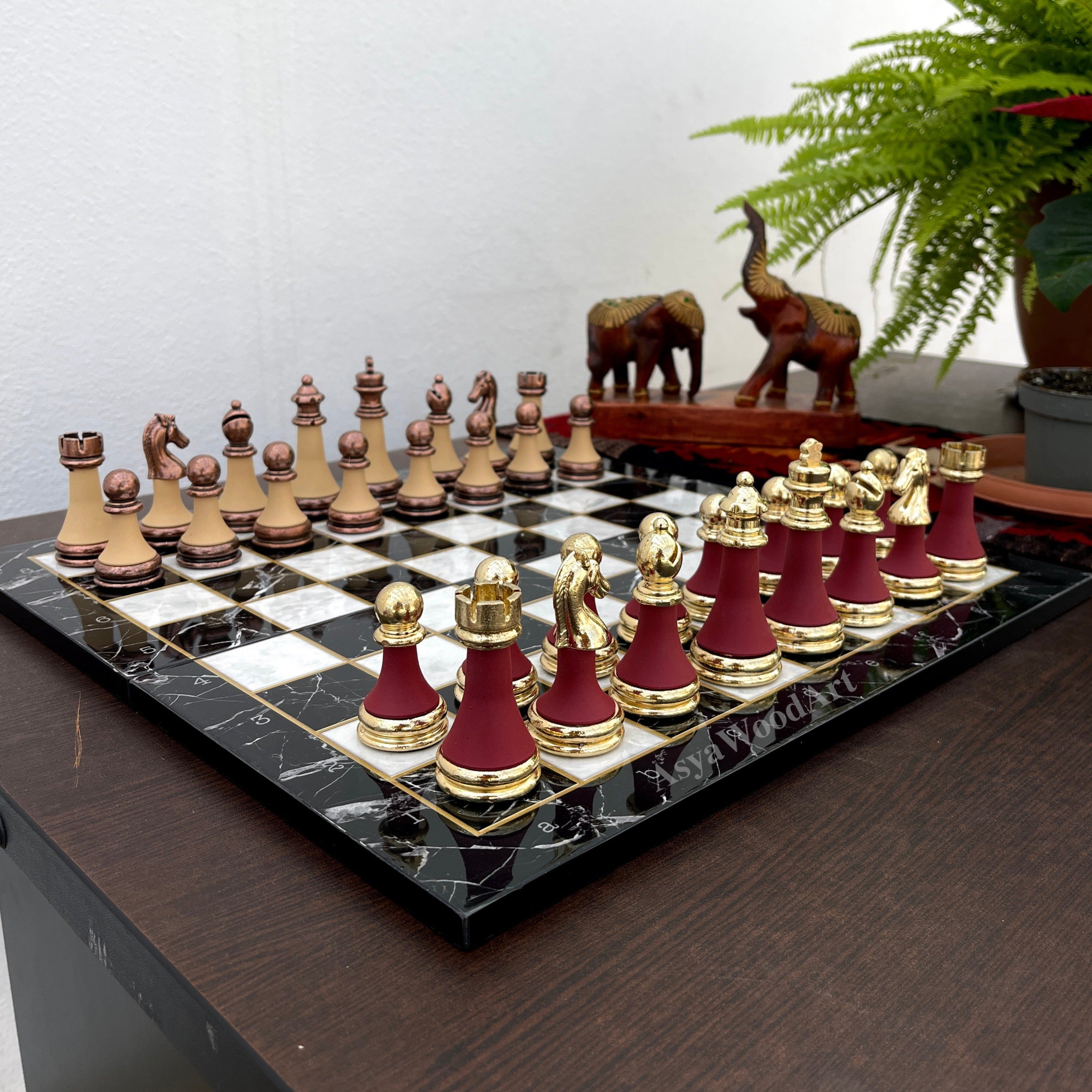 Large Marble Patterned Wooden Chess Set with Large Unique Chess Pieces