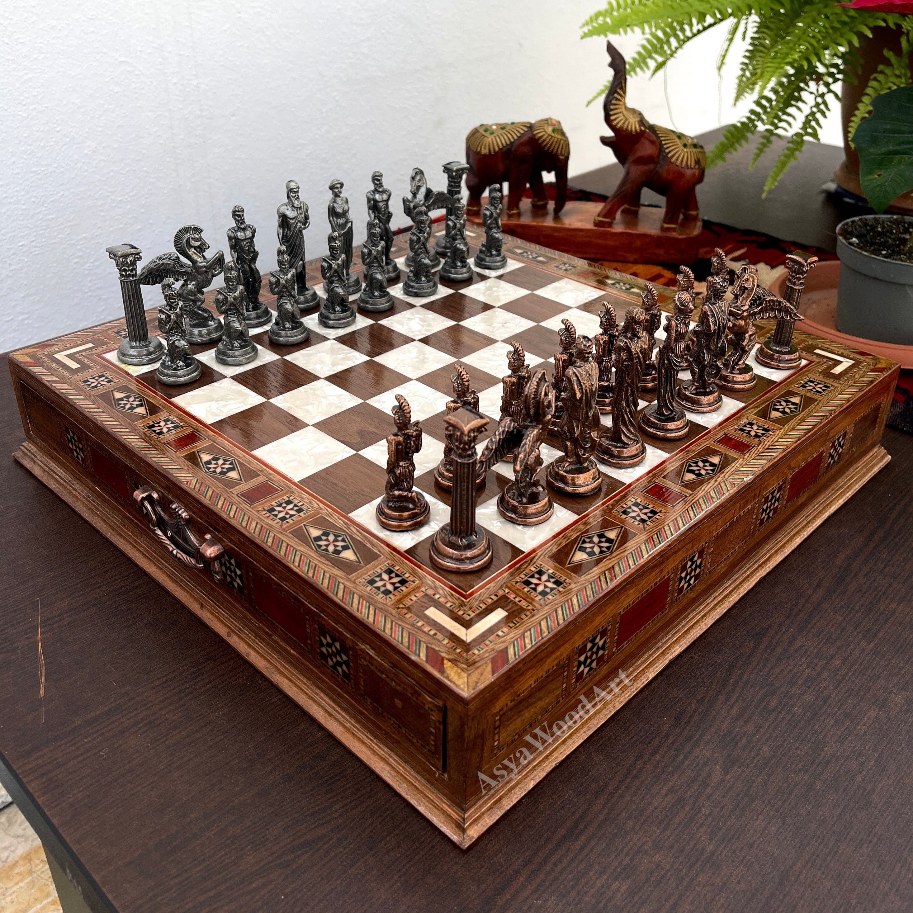 15.3" Luxury Wooden Storage Chess Board With Pegasus Metal Chess Pieces