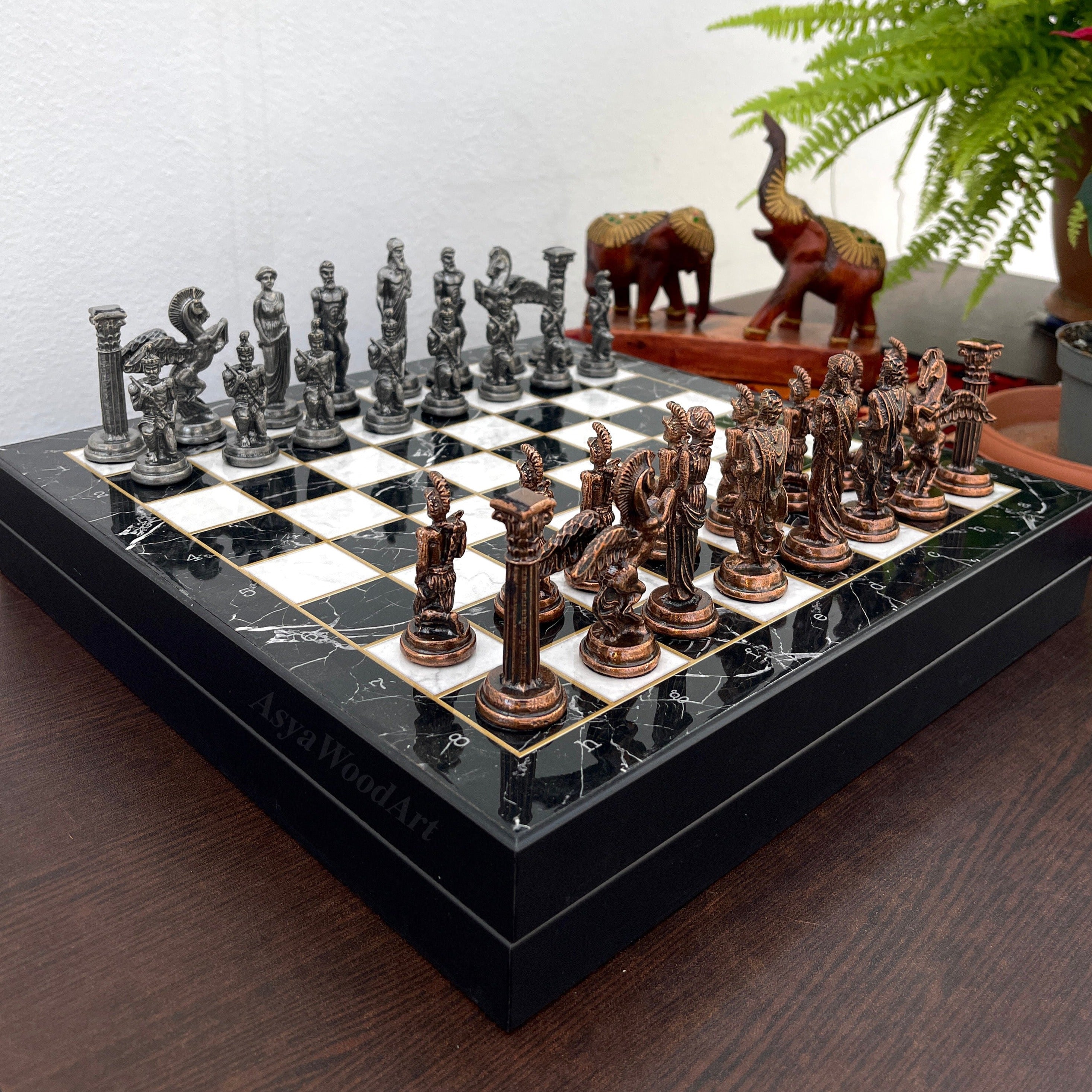 VIP Personalized Marble Patterned Chess Set With Pegasus Metal Chess Pieces