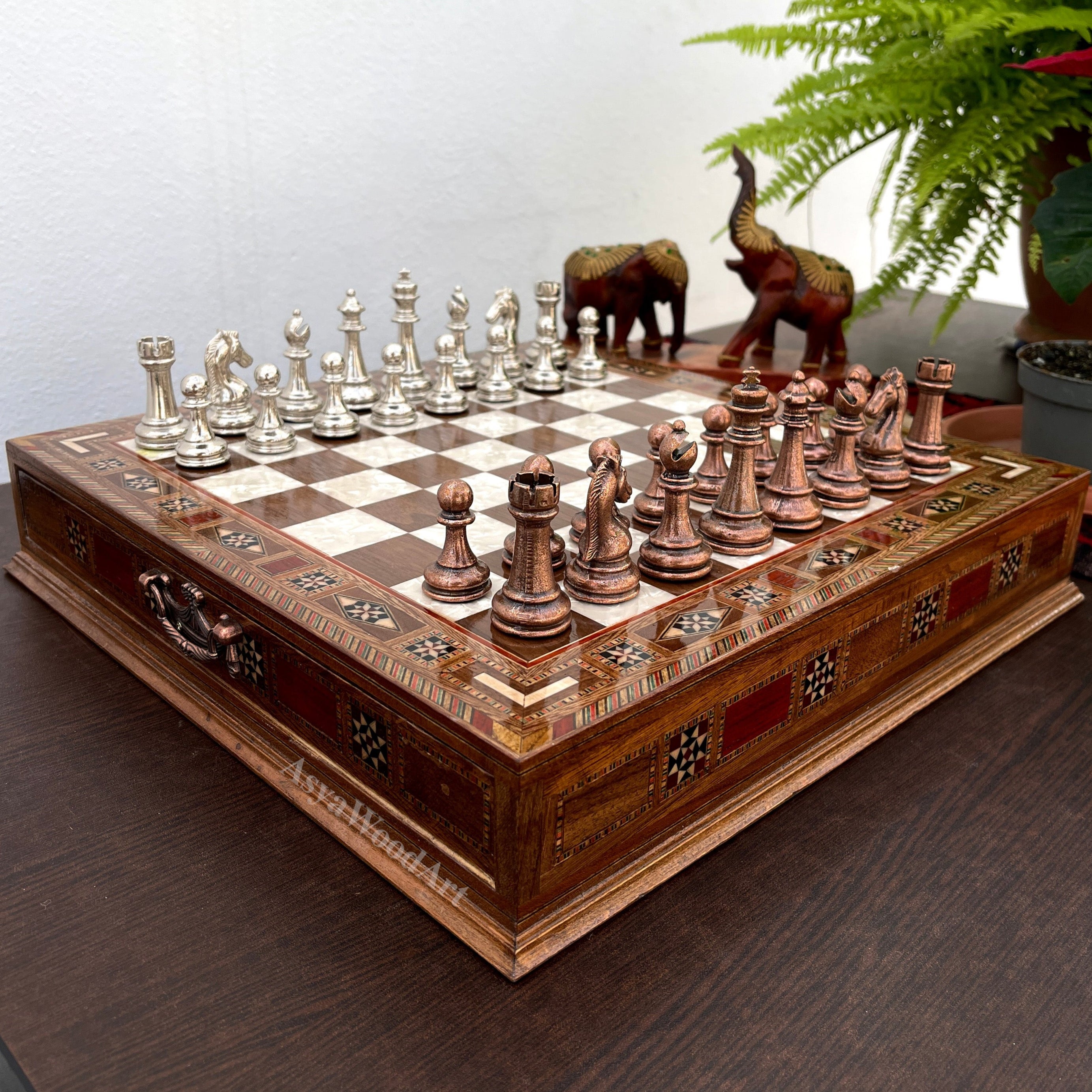 15.3" Luxury Wooden Storage Chess Board With Classic Metal Chess Pieces