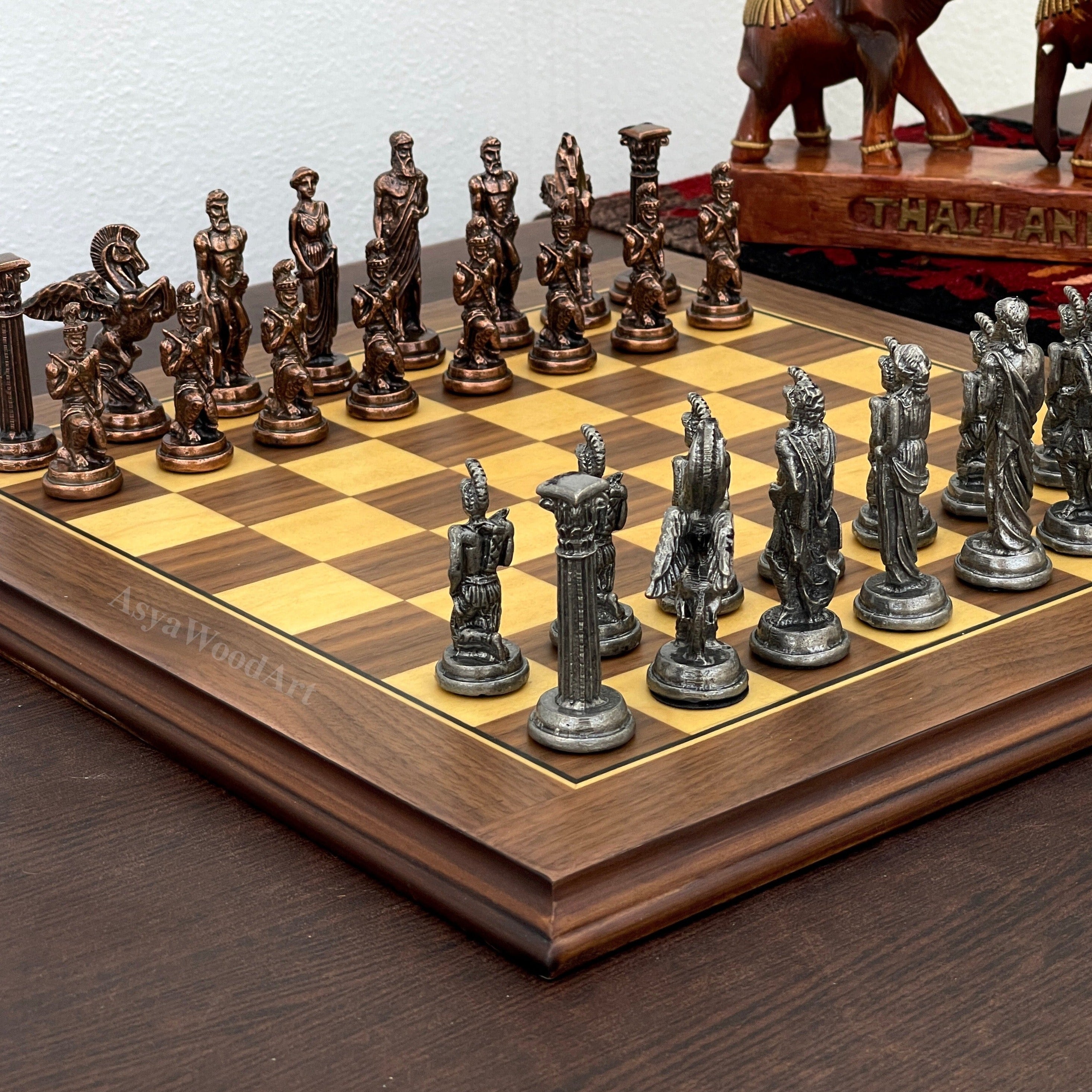 American Walnut Solid Wooden Chess Set With Pegasus Metal Chess Pieces