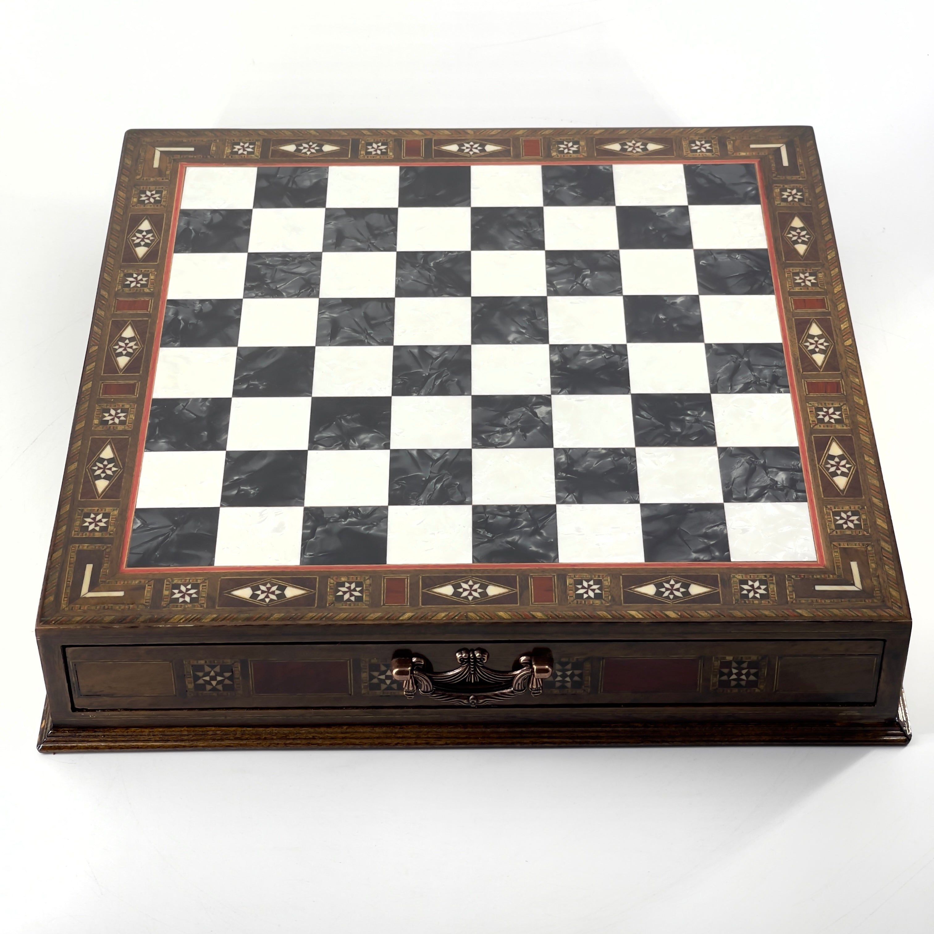 Premium Chess Set with Handmade Wooden Drawers and Black Metal Chess Pieces