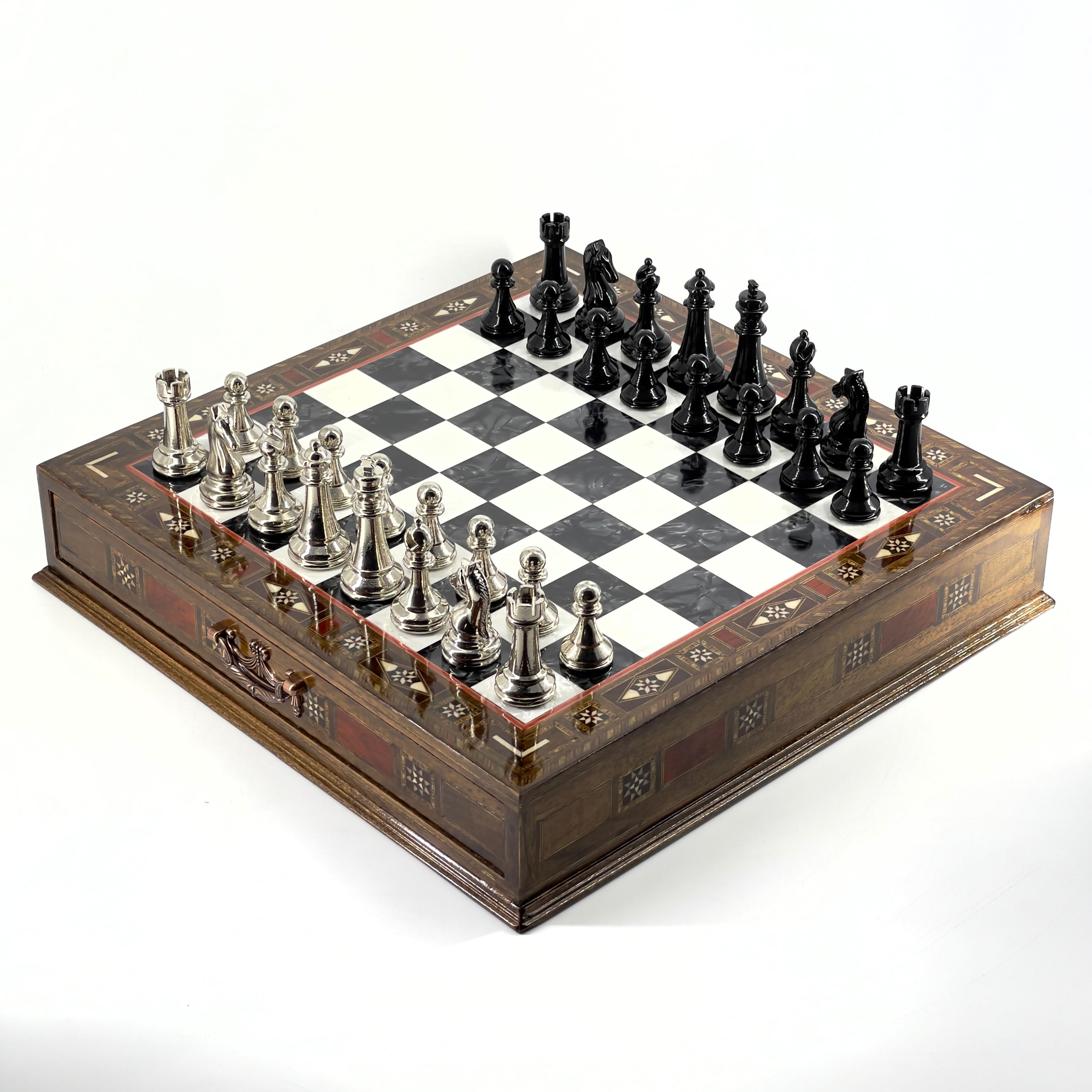 Premium Chess Set with Handmade Wooden Drawers and Black Metal Chess Pieces