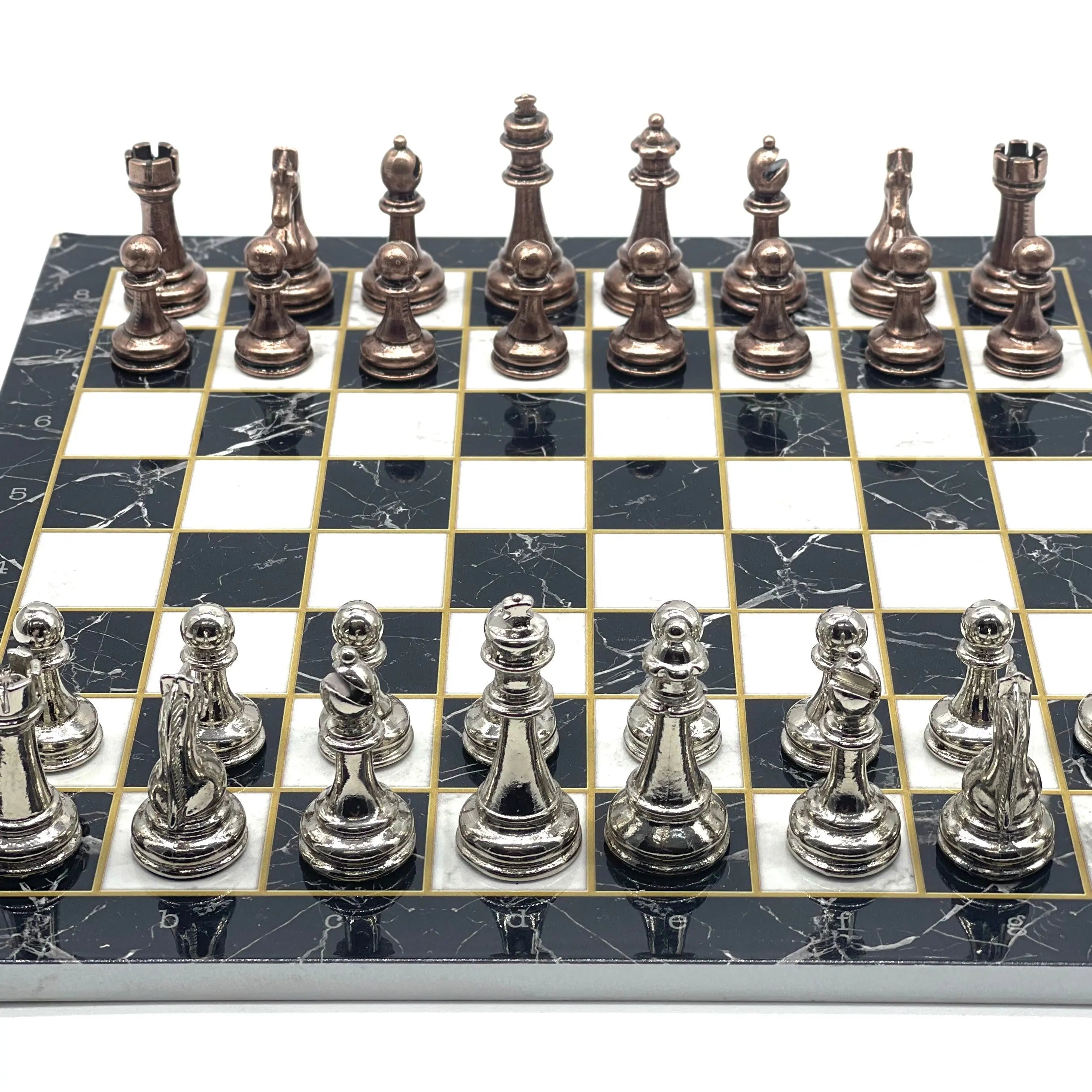 14.5" Black Marble Handmade Pattern Classic Metal Pieces With Chess Set