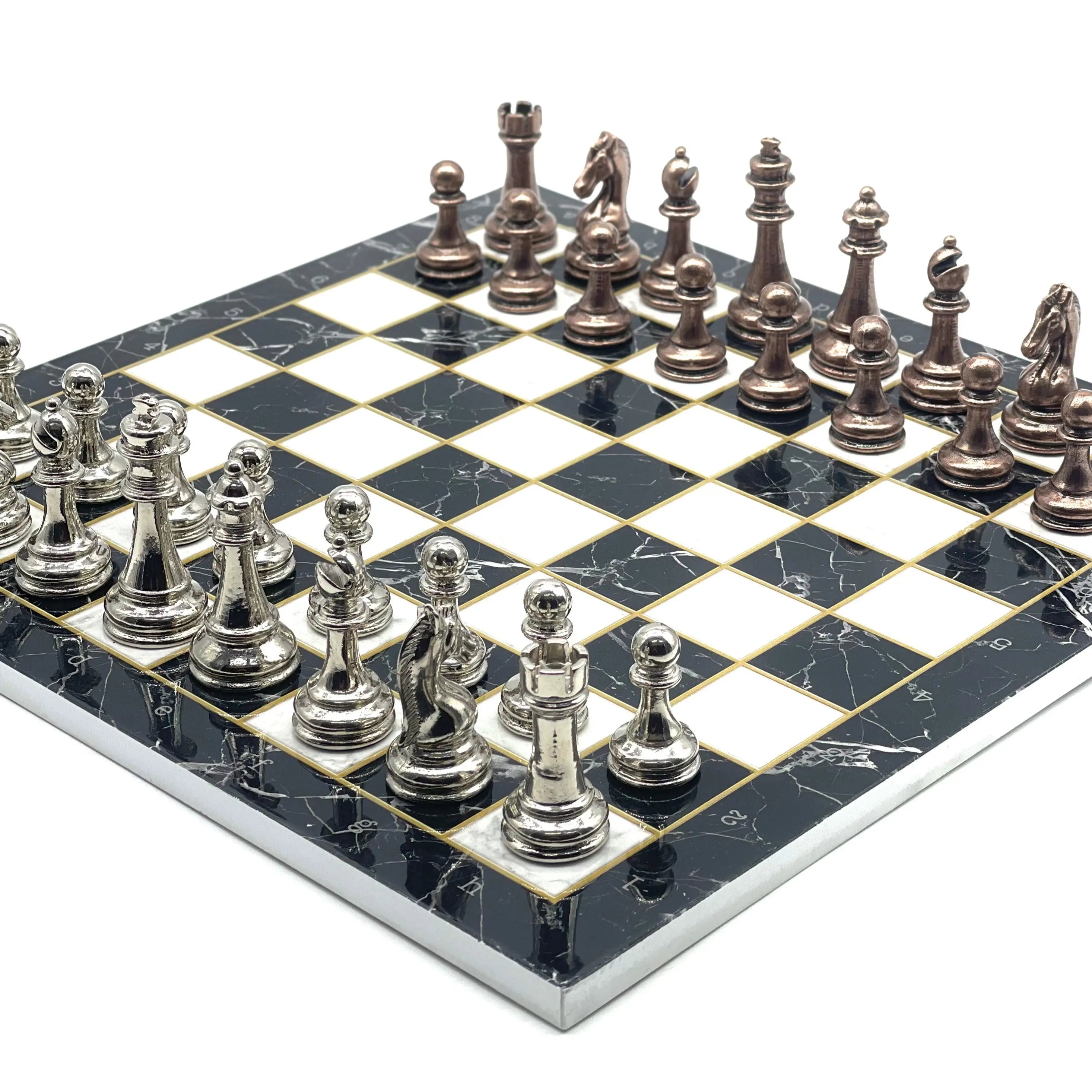 14.5" Black Marble Handmade Pattern Classic Metal Pieces With Chess Set