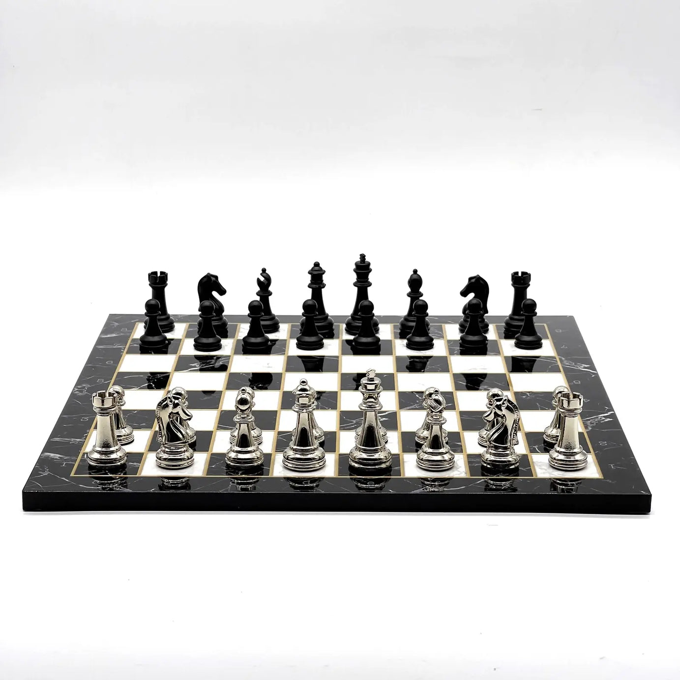 14" Black Marble Pattern Chess Set With Matte Metal Chess Pieces