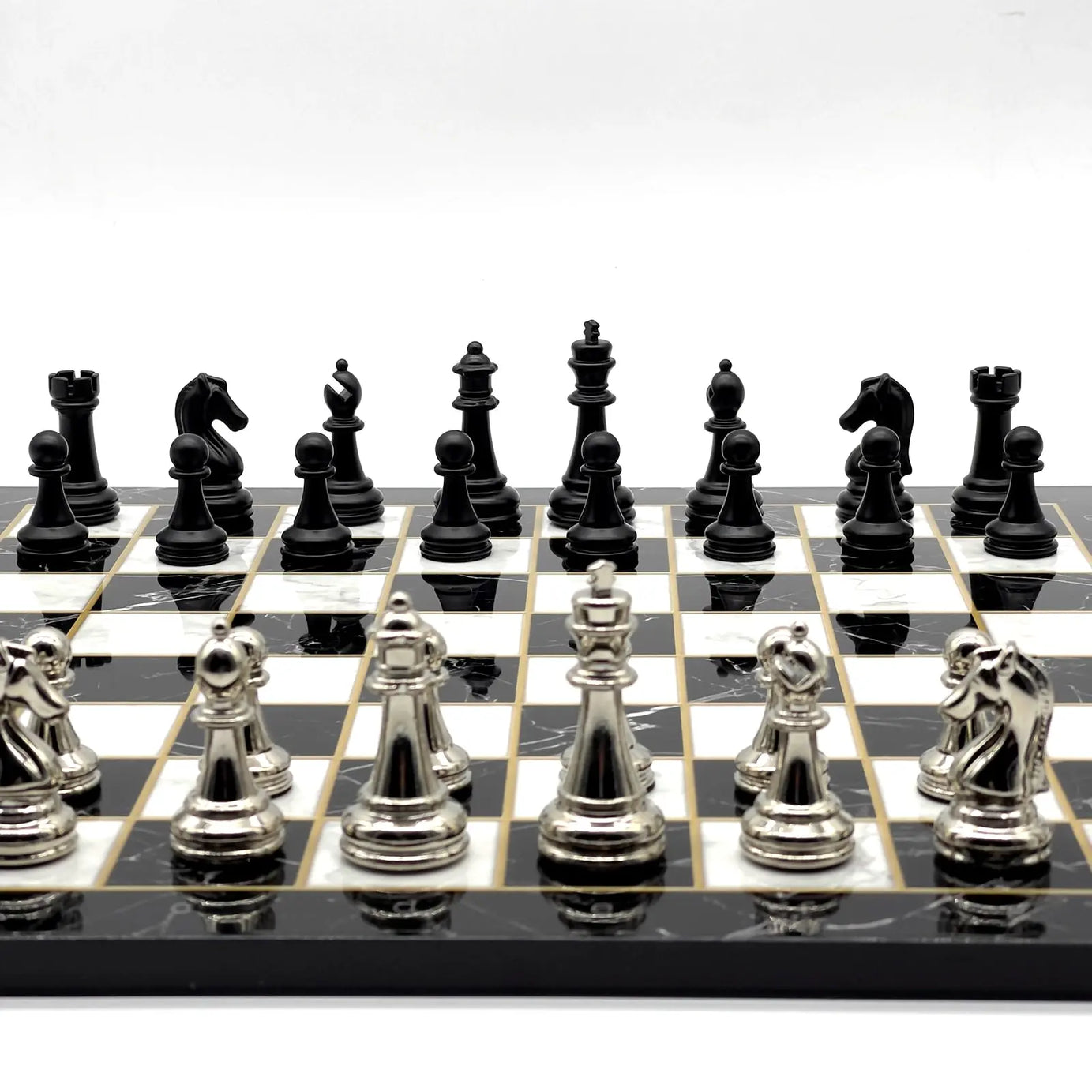 14" Black Marble Pattern Chess Set With Matte Metal Chess Pieces